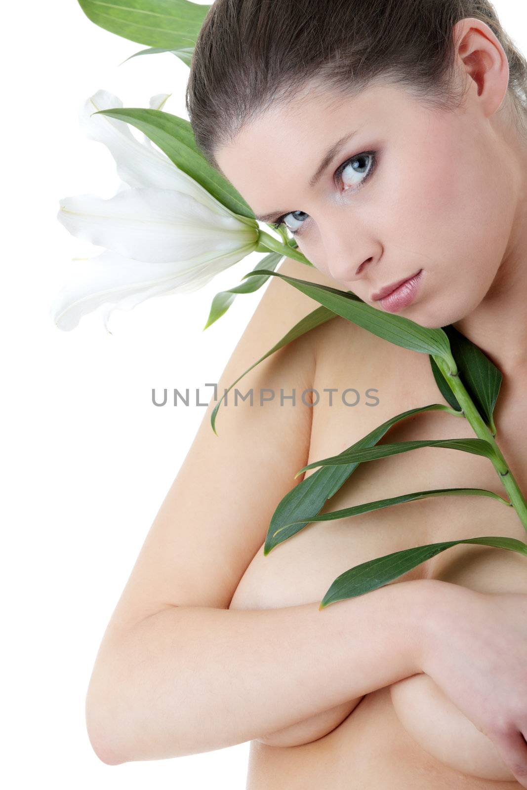 Portrait of Fresh and Beautiful woman with flower isolated on white