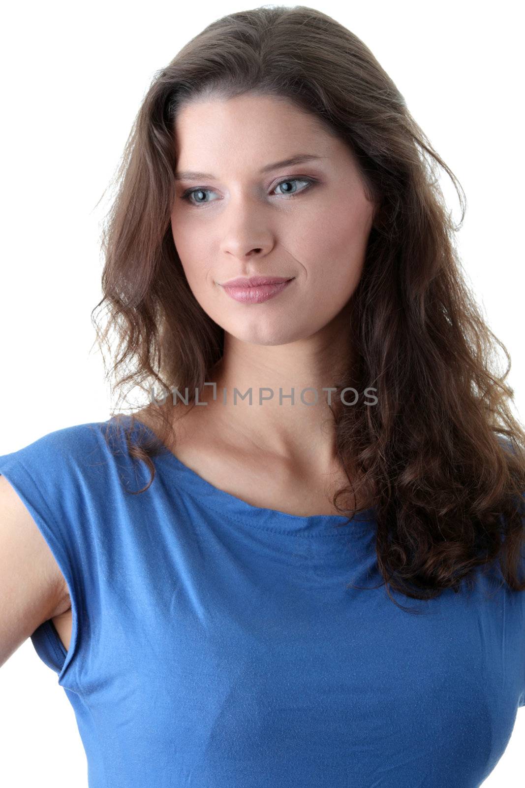 Beautiful woman standing isolated on white background.