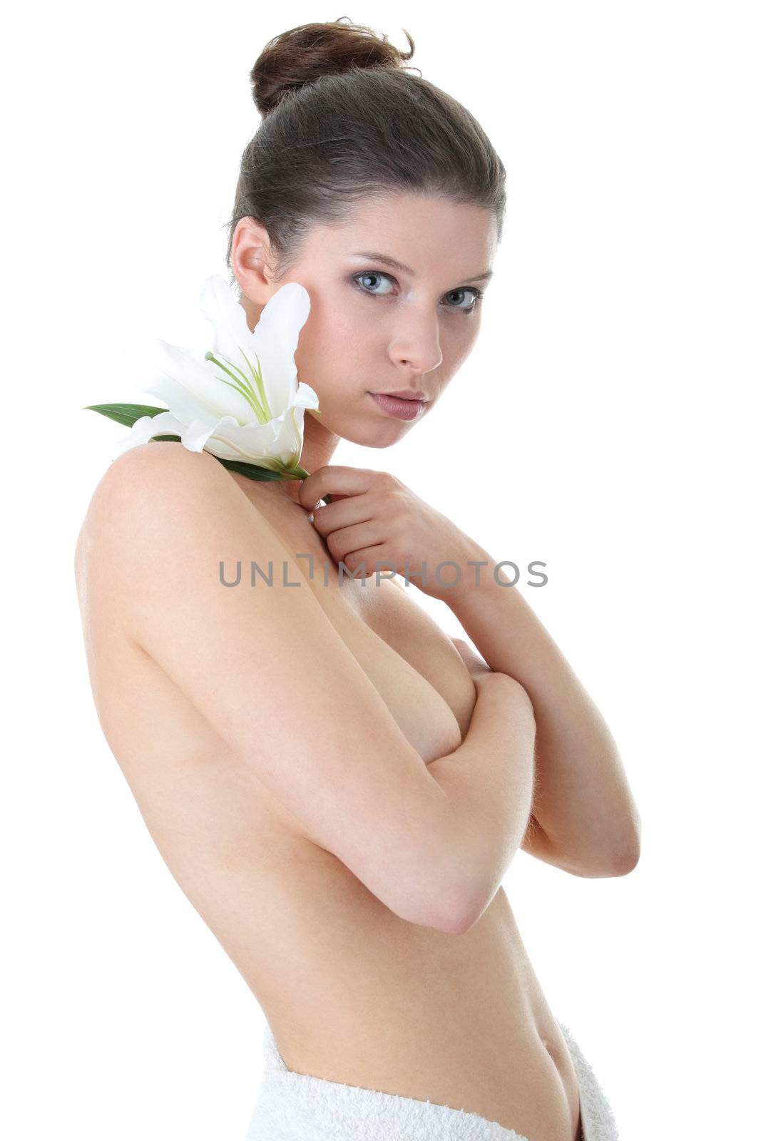 Portrait of Fresh and Beautiful woman with flower isolated on white