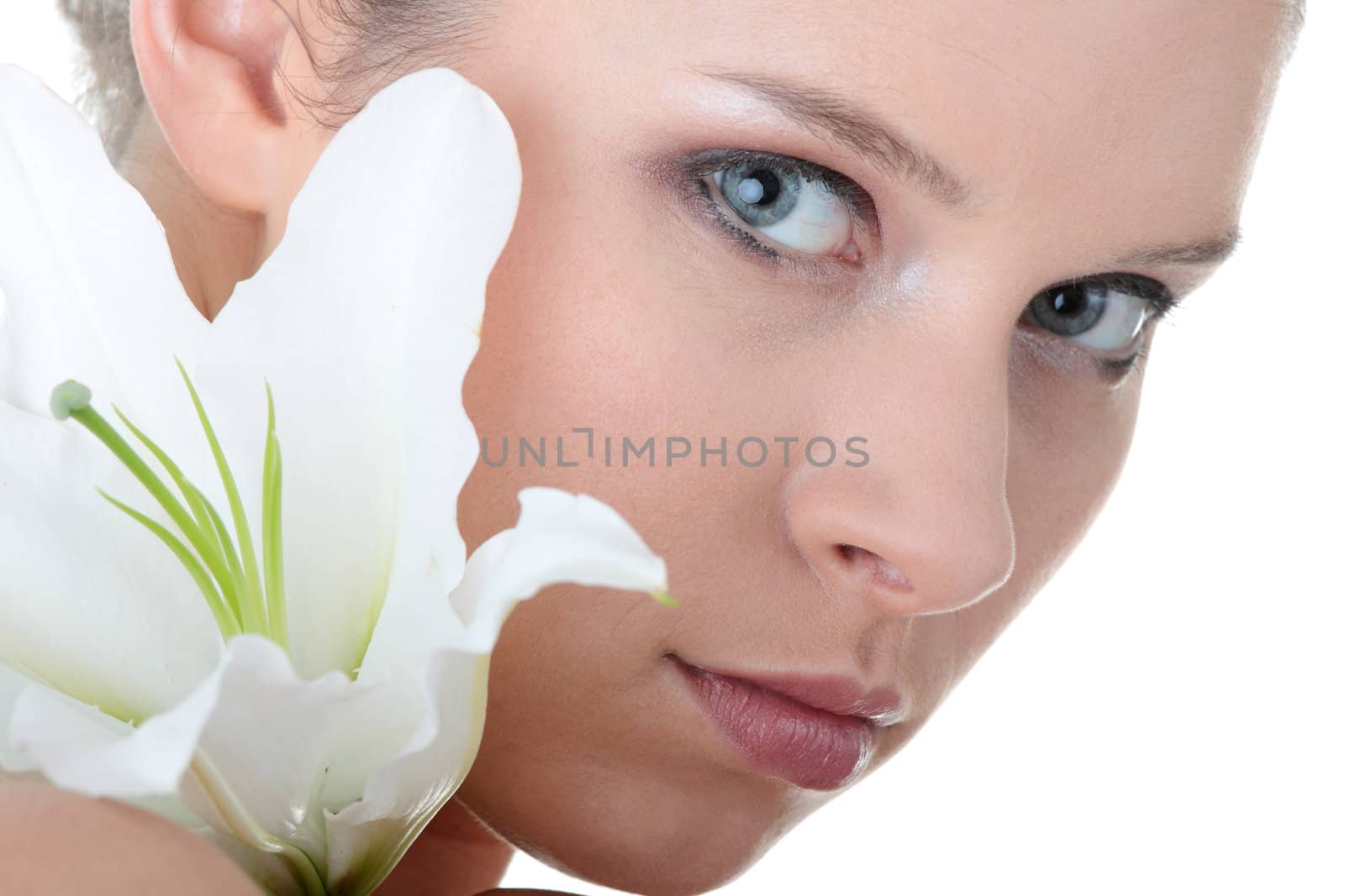 Portrait of Fresh and Beautiful woman with flower isolated on white