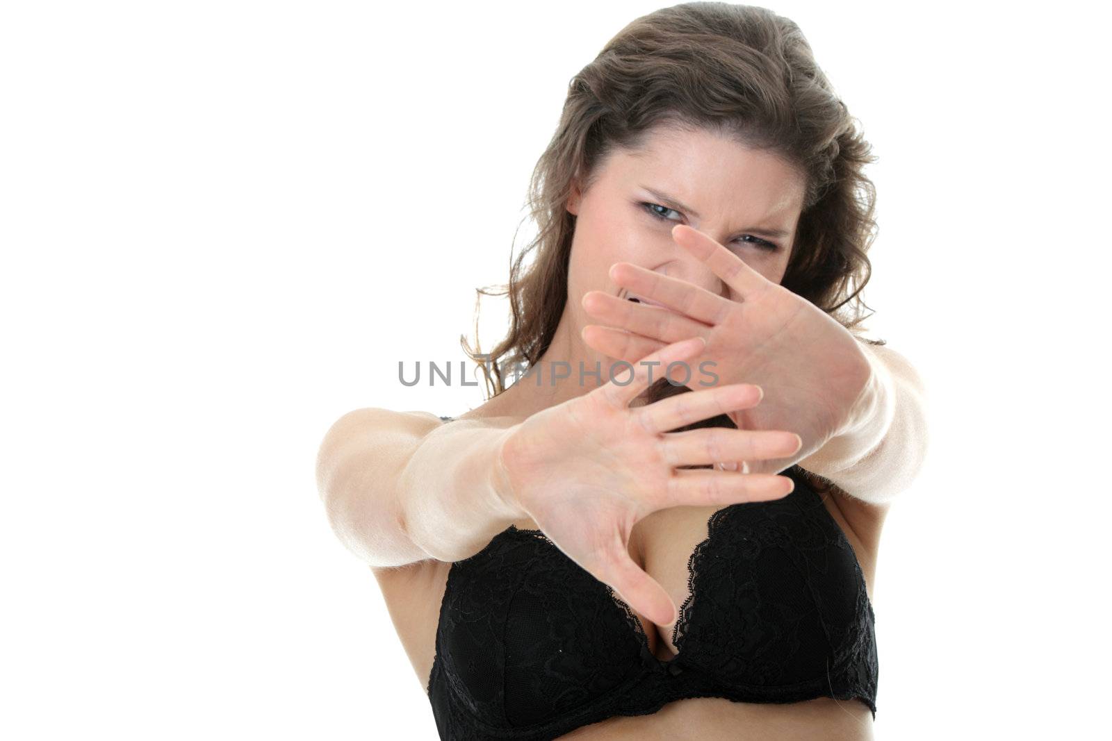 Afraid woman isolated on the white
