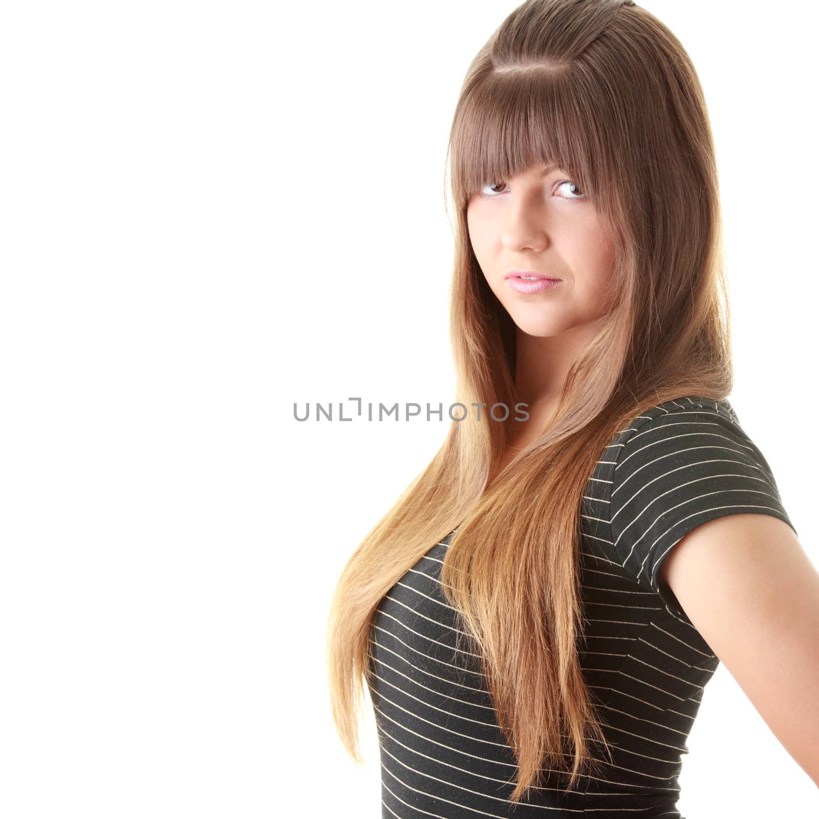 Large young woman portrait isolated on white
