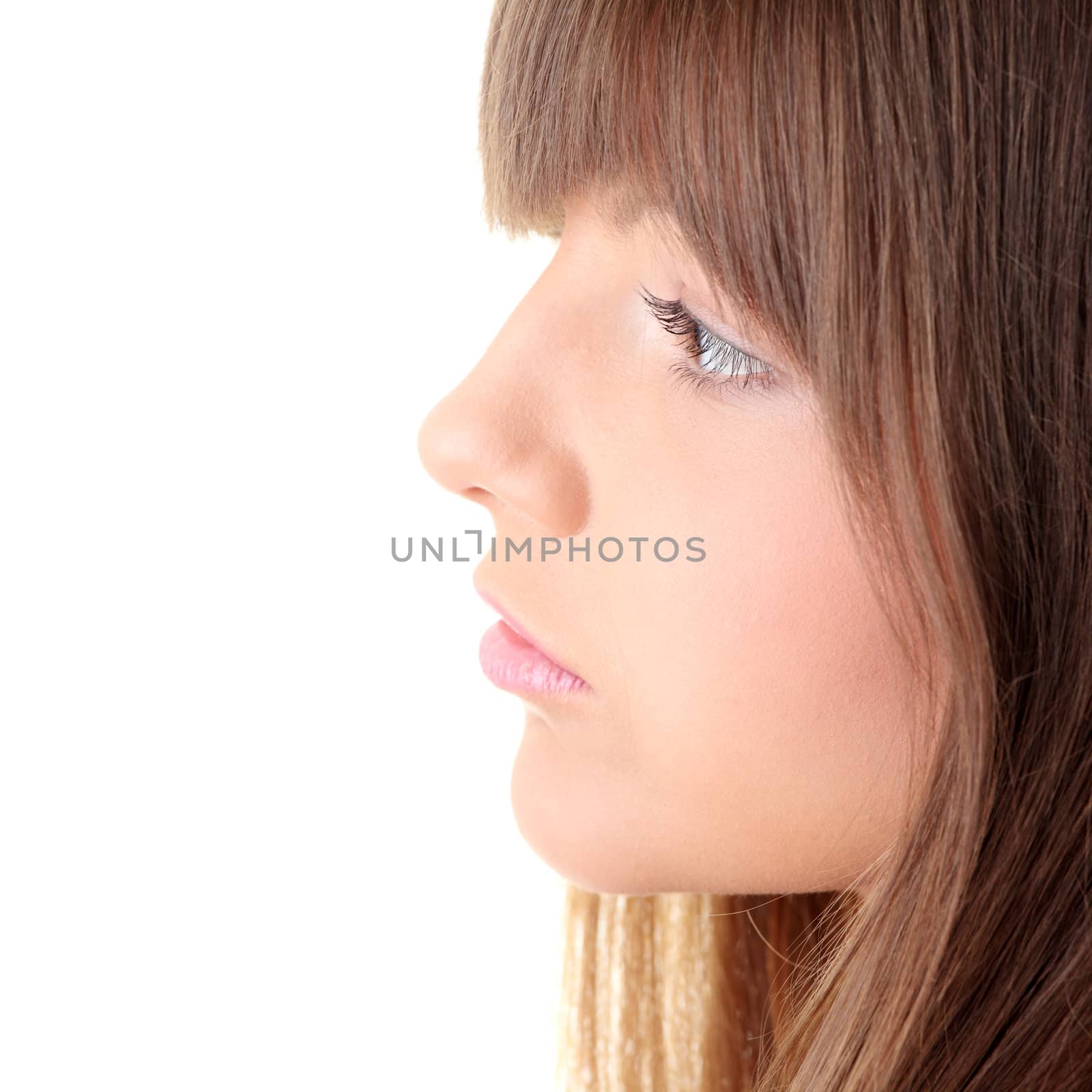 Large young woman portrait isolated on white