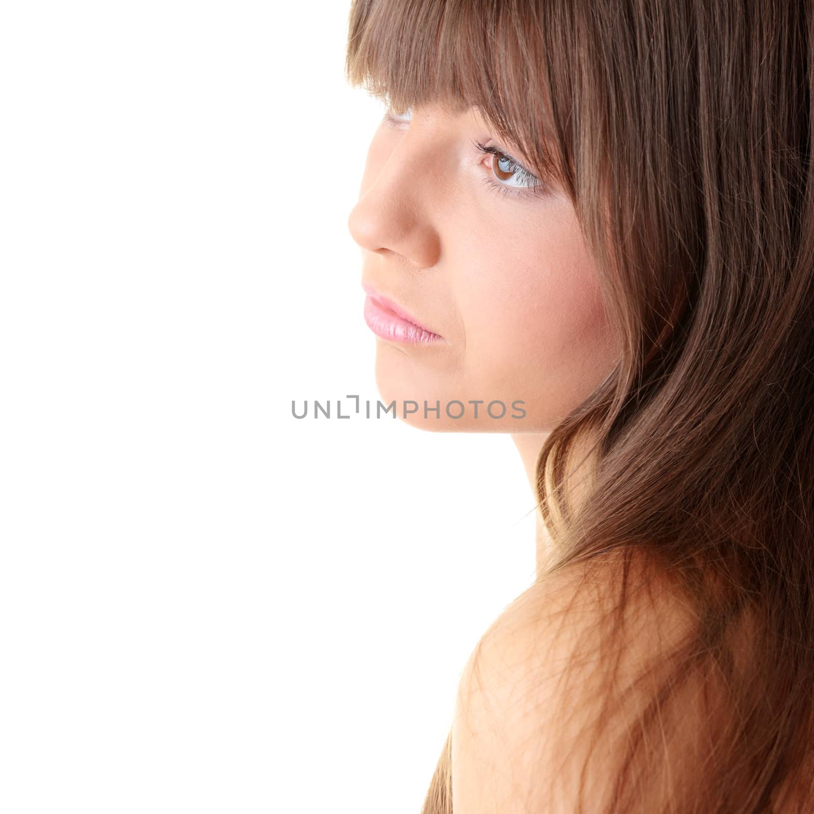 Large young woman portrait isolated on white