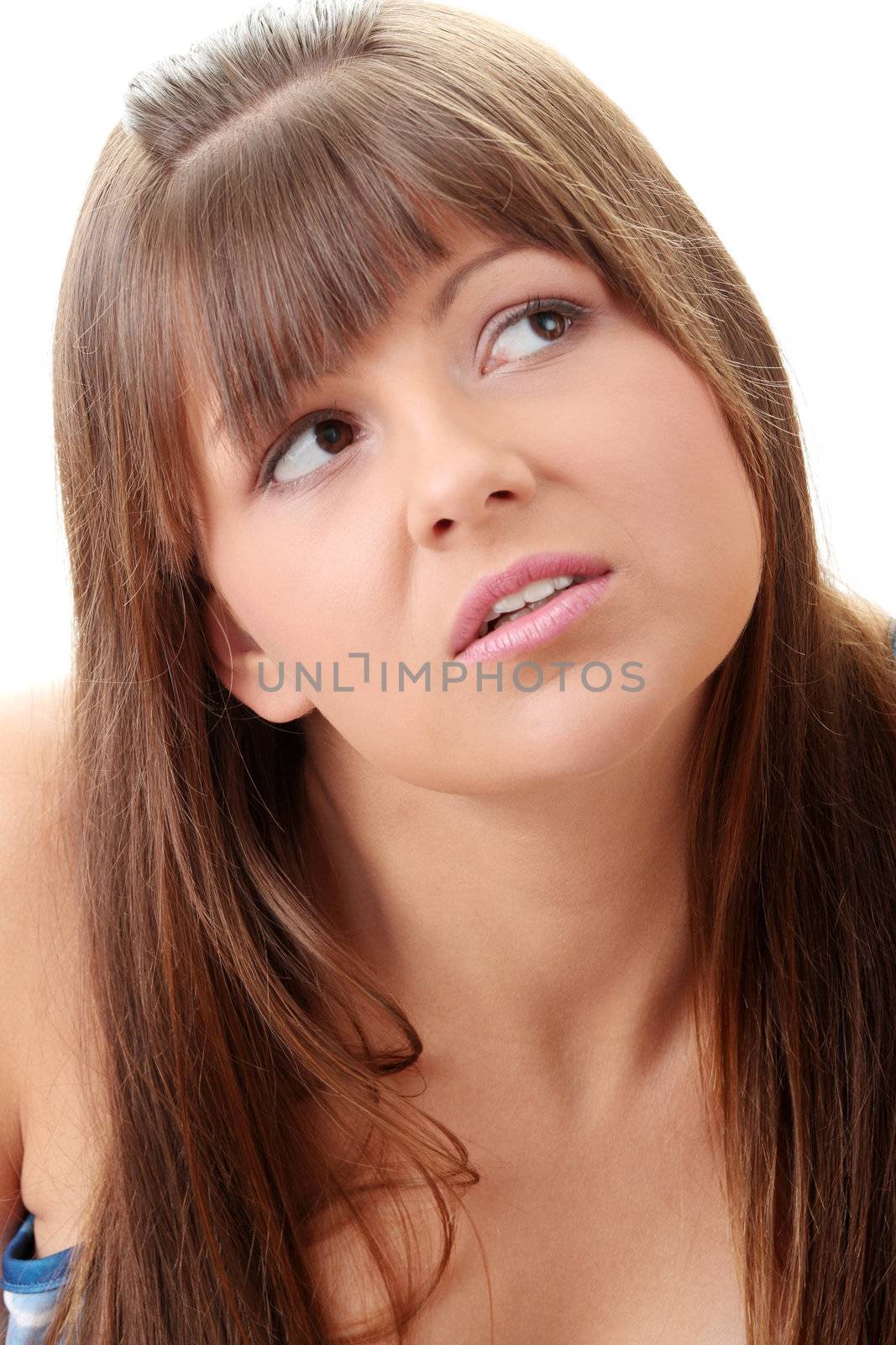 Large young woman portrait isolated on white