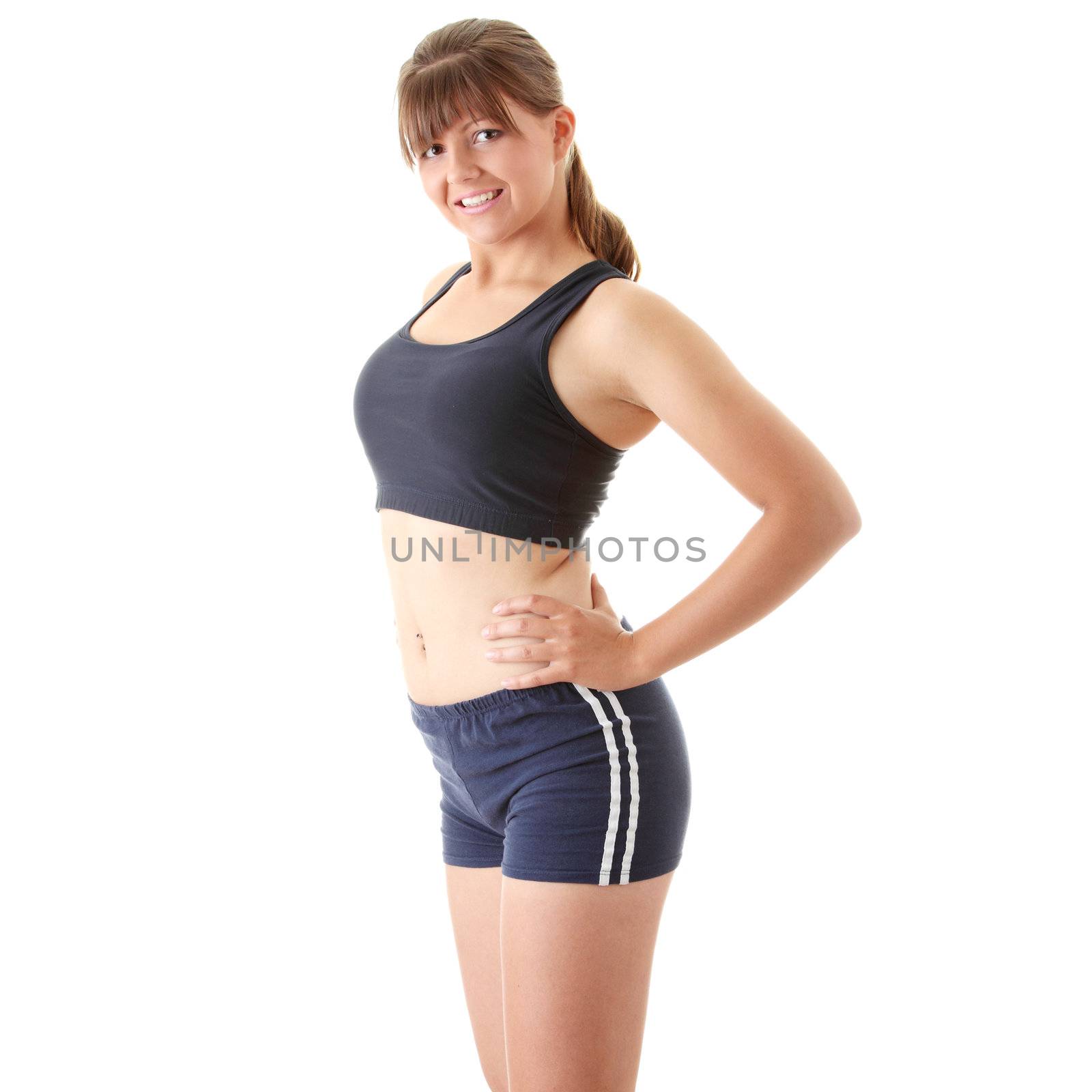 Relaxed fit woman doing exercise, isolated on white background.