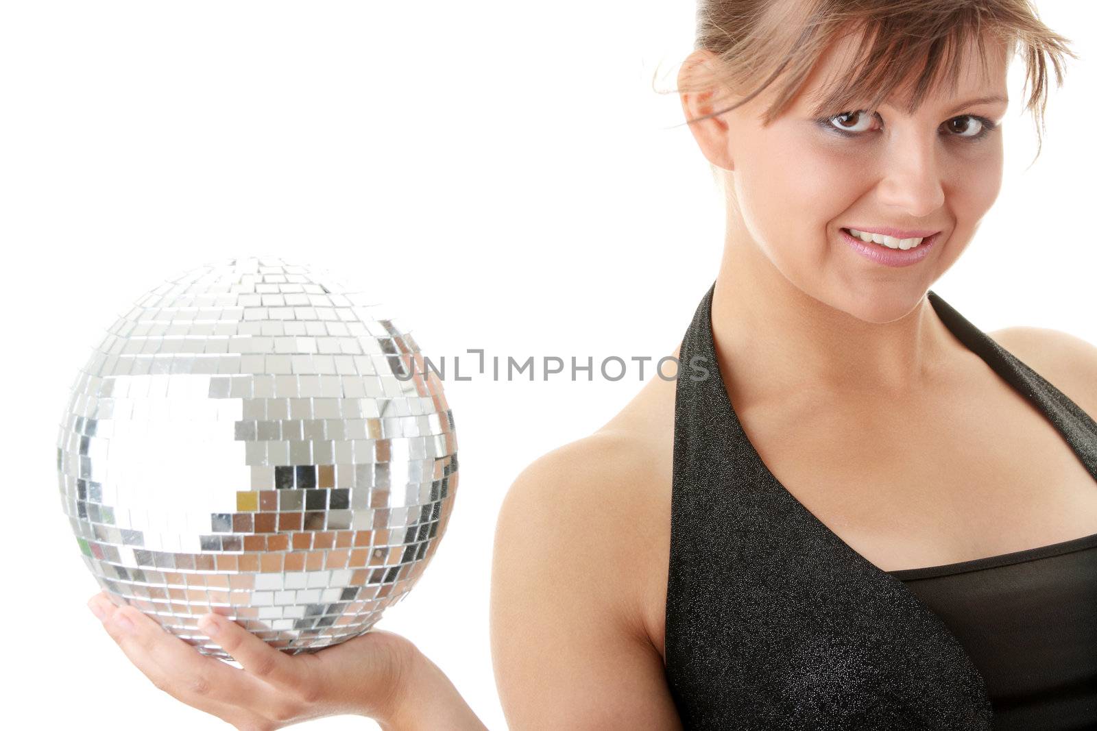 Casual showgirl girl with mirror ball background