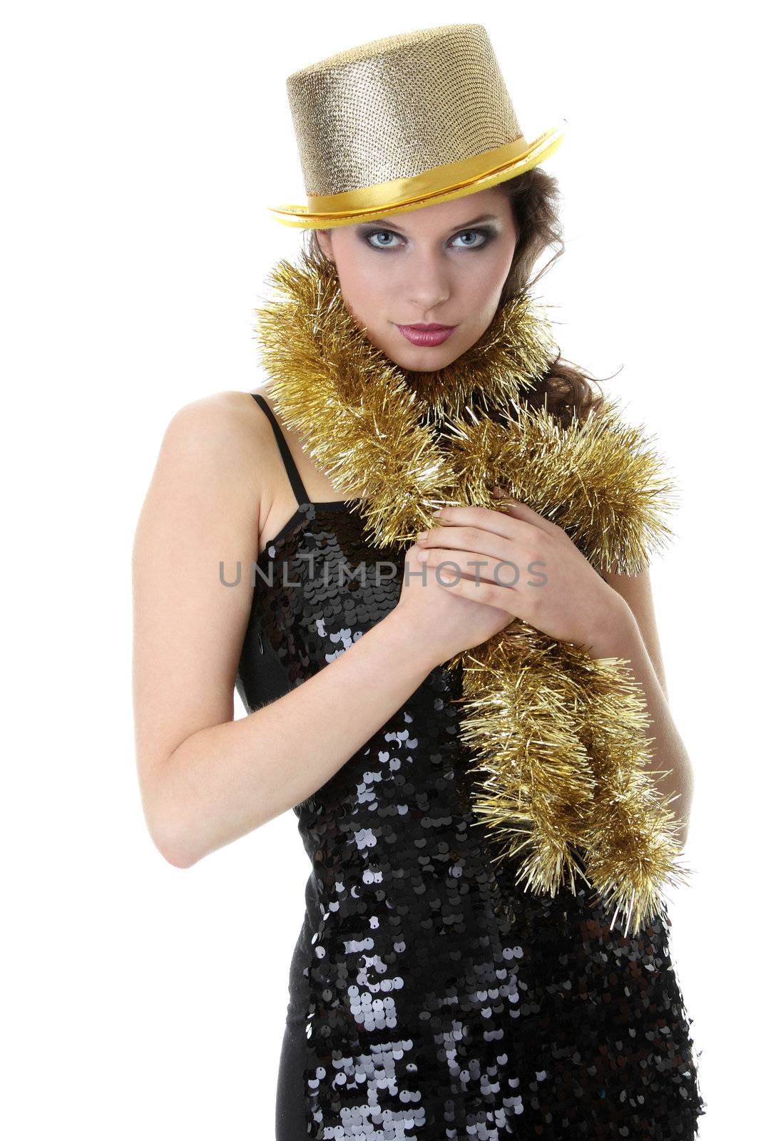 Young beautiful caucasian woman in black elegant party dress and gold hat