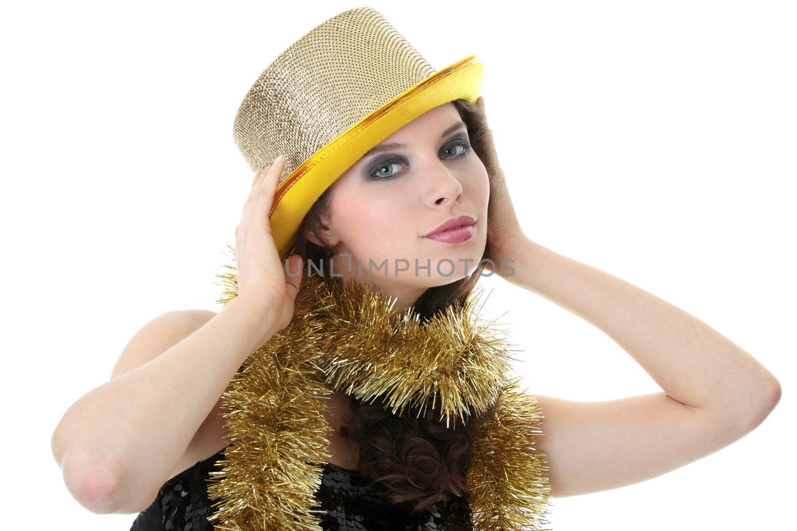 Young beautiful caucasian woman in black elegant party dress and gold hat