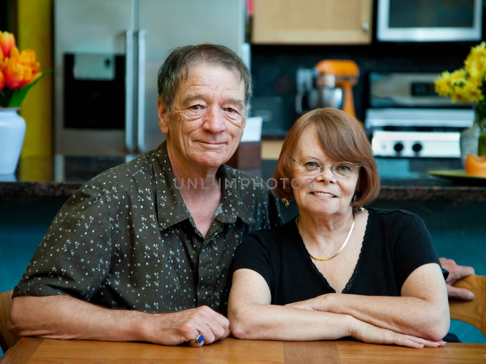 Happy senior couple at home in modern kitchen