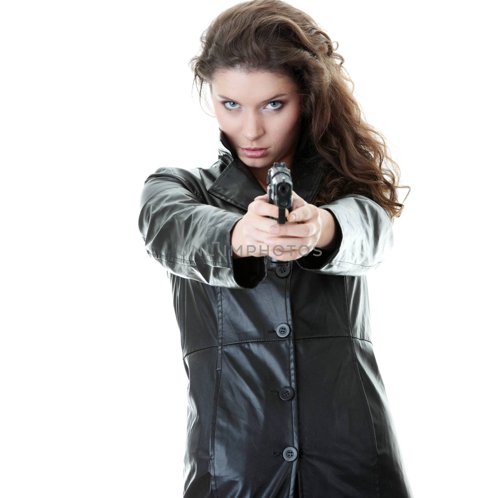 Woman With Handgun isolated on white background