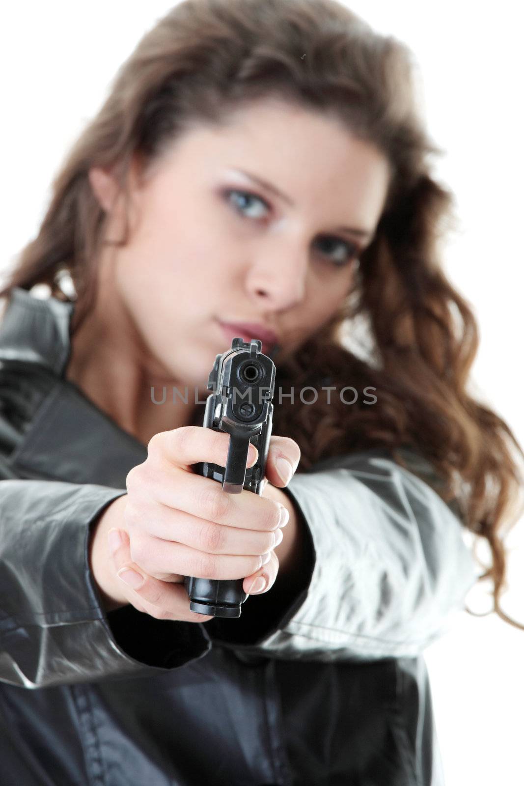 Woman With Handgun isolated on white background