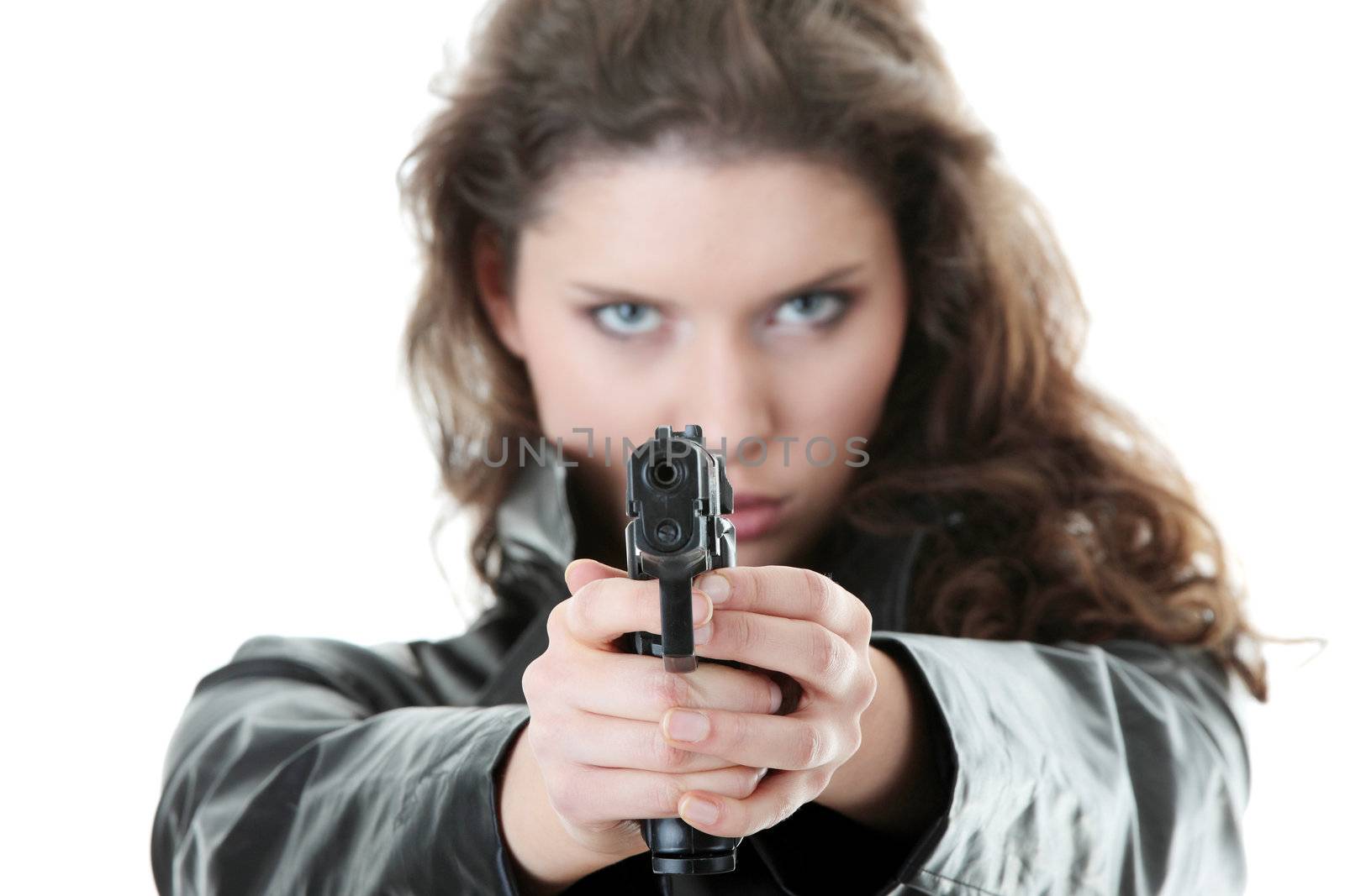 Woman With Handgun isolated on white background