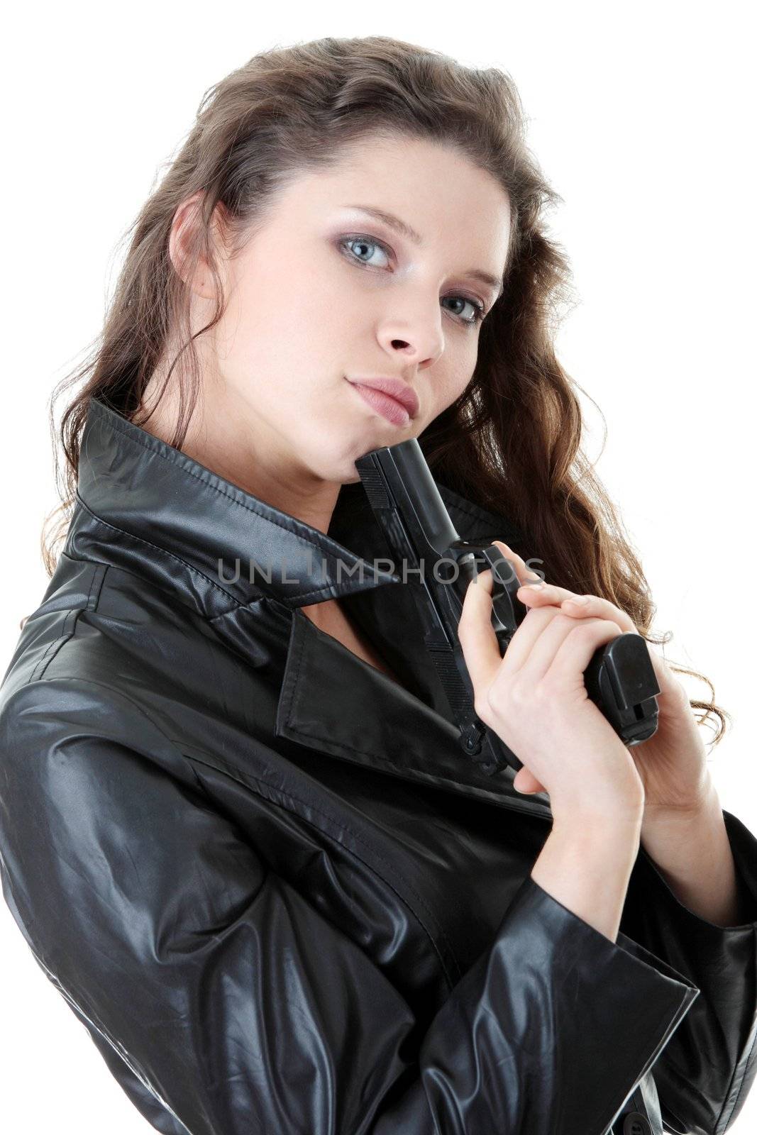 Woman With Handgun isolated on white background