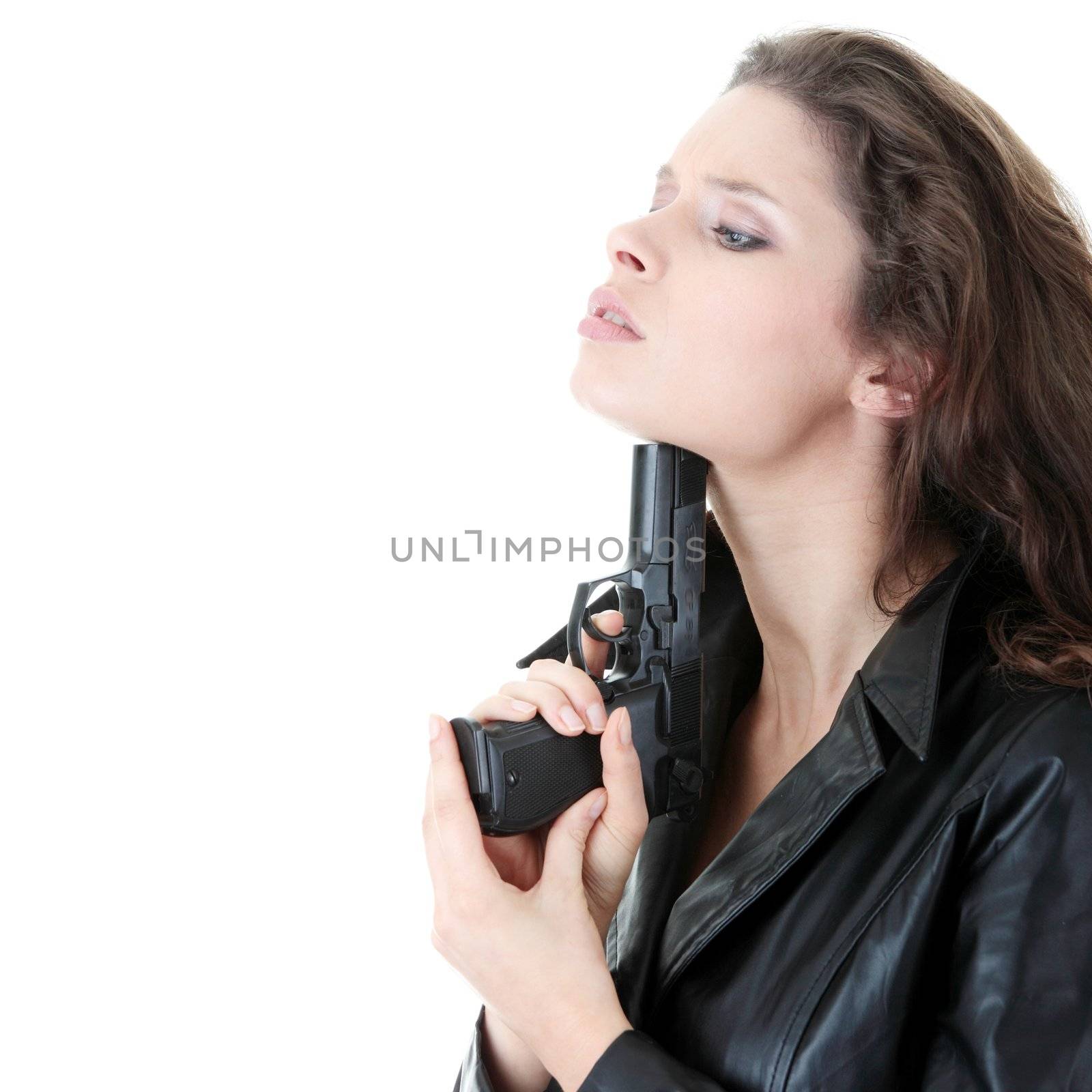 Suicide girl with gun isolated on white background