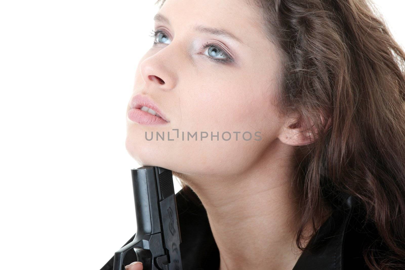 Suicide girl with gun isolated on white background