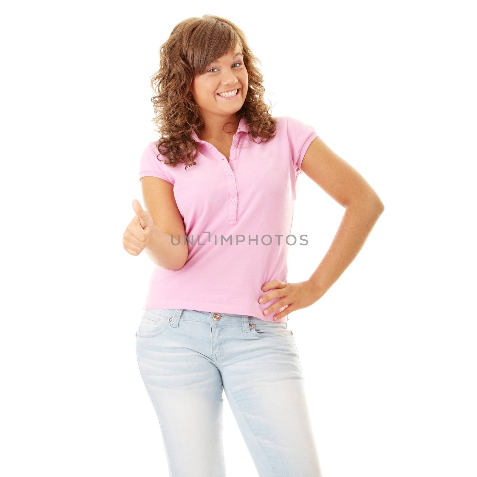 Young woman with thumbs up isolated on white