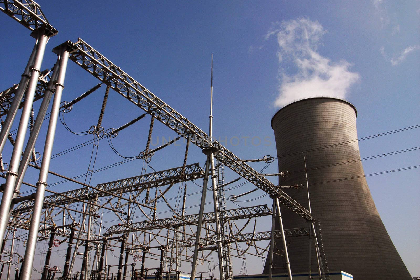 View of the high voltage transmission lines in a heat power plant