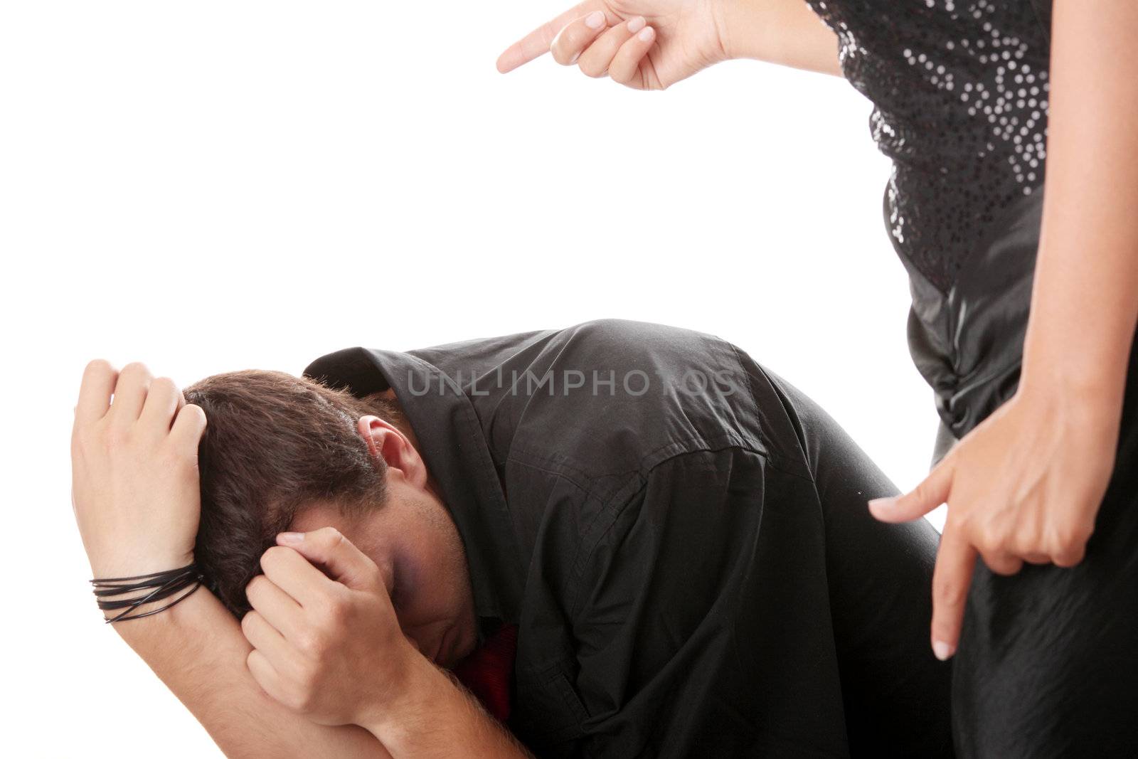 Man and woman conflict. Isolated on white.