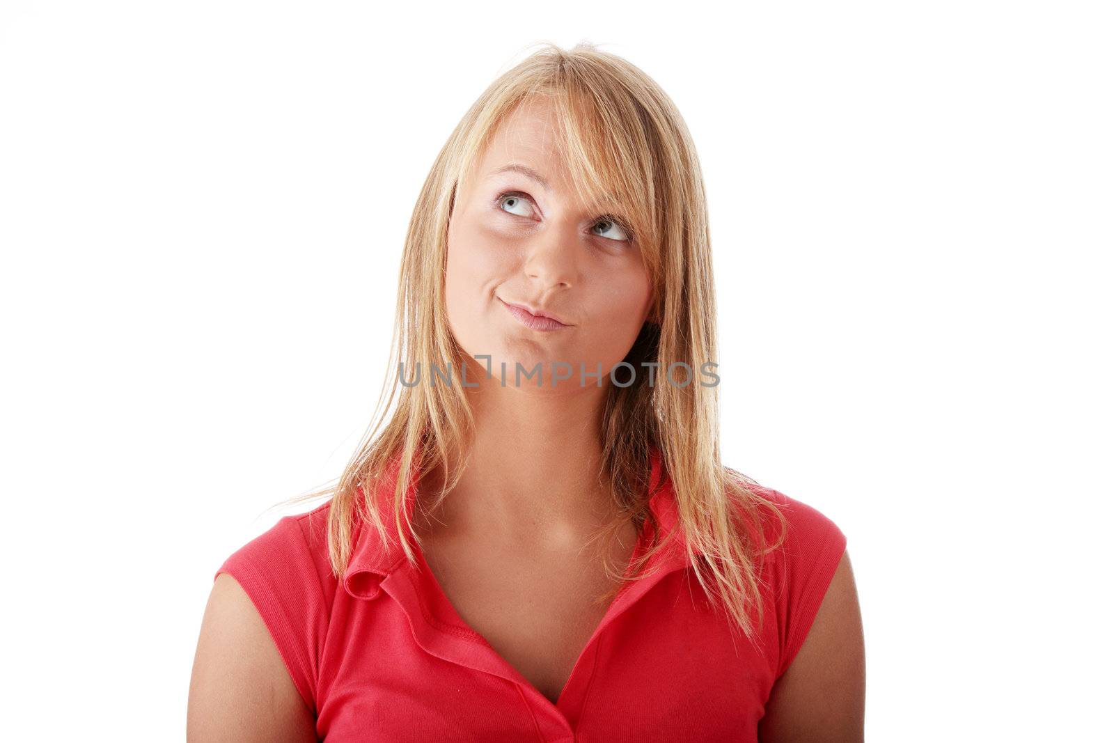 Closeup portrait of a happy young woman isolated on white background