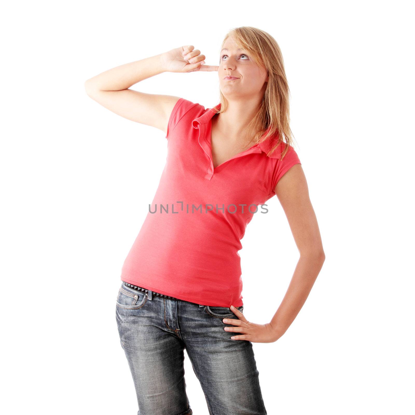Closeup portrait of a happy young woman isolated on white background