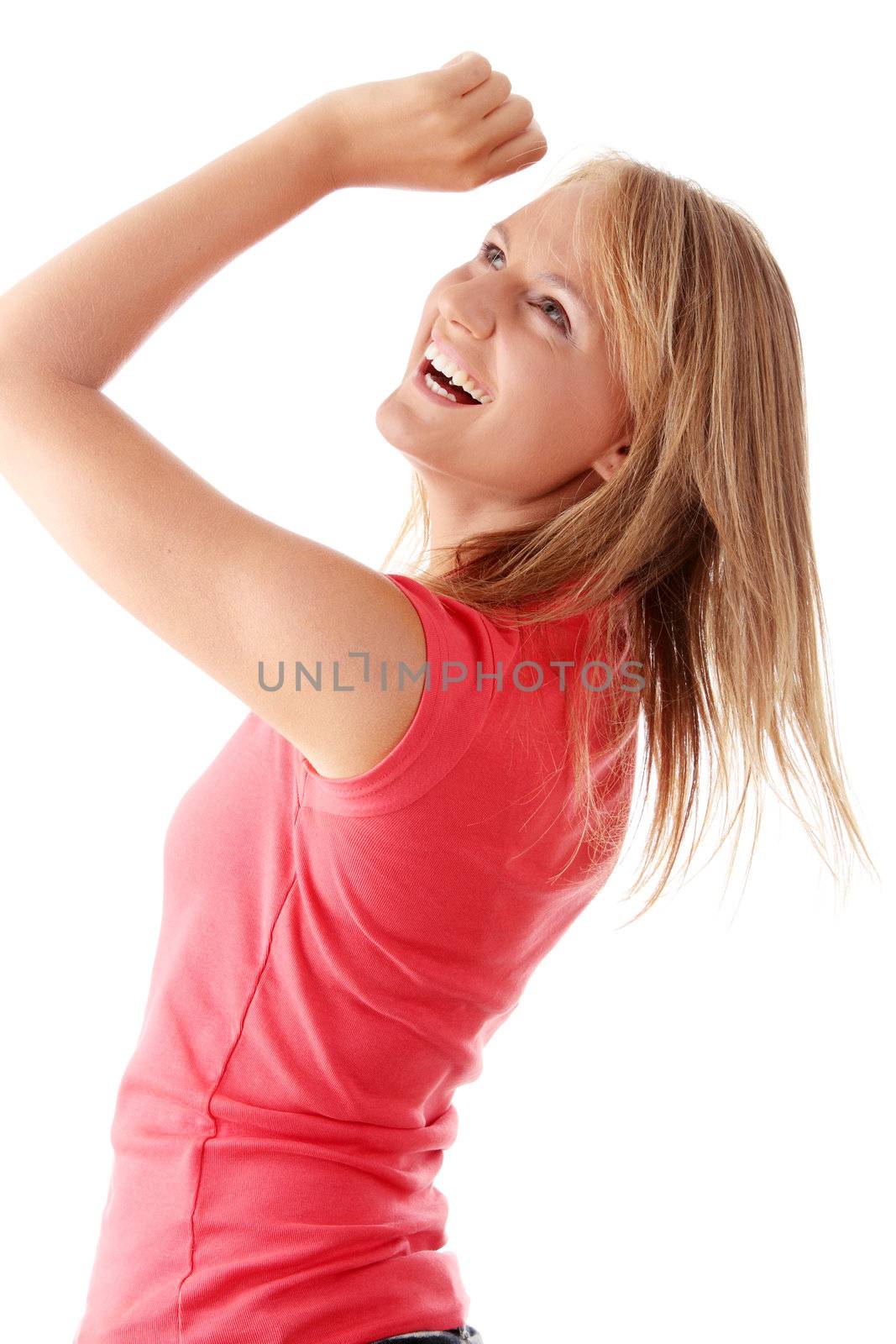 Closeup portrait of a happy young woman isolated on white background