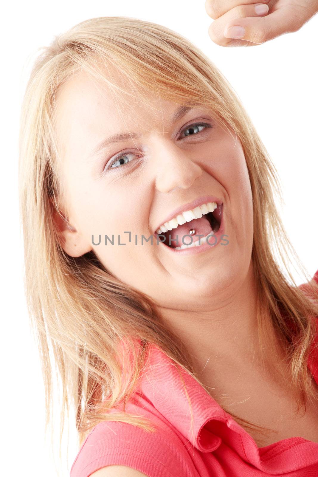 Closeup portrait of a happy young woman isolated on white background