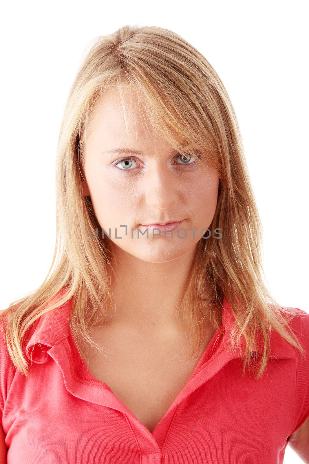 Closeup portrait of a happy young woman isolated on white background