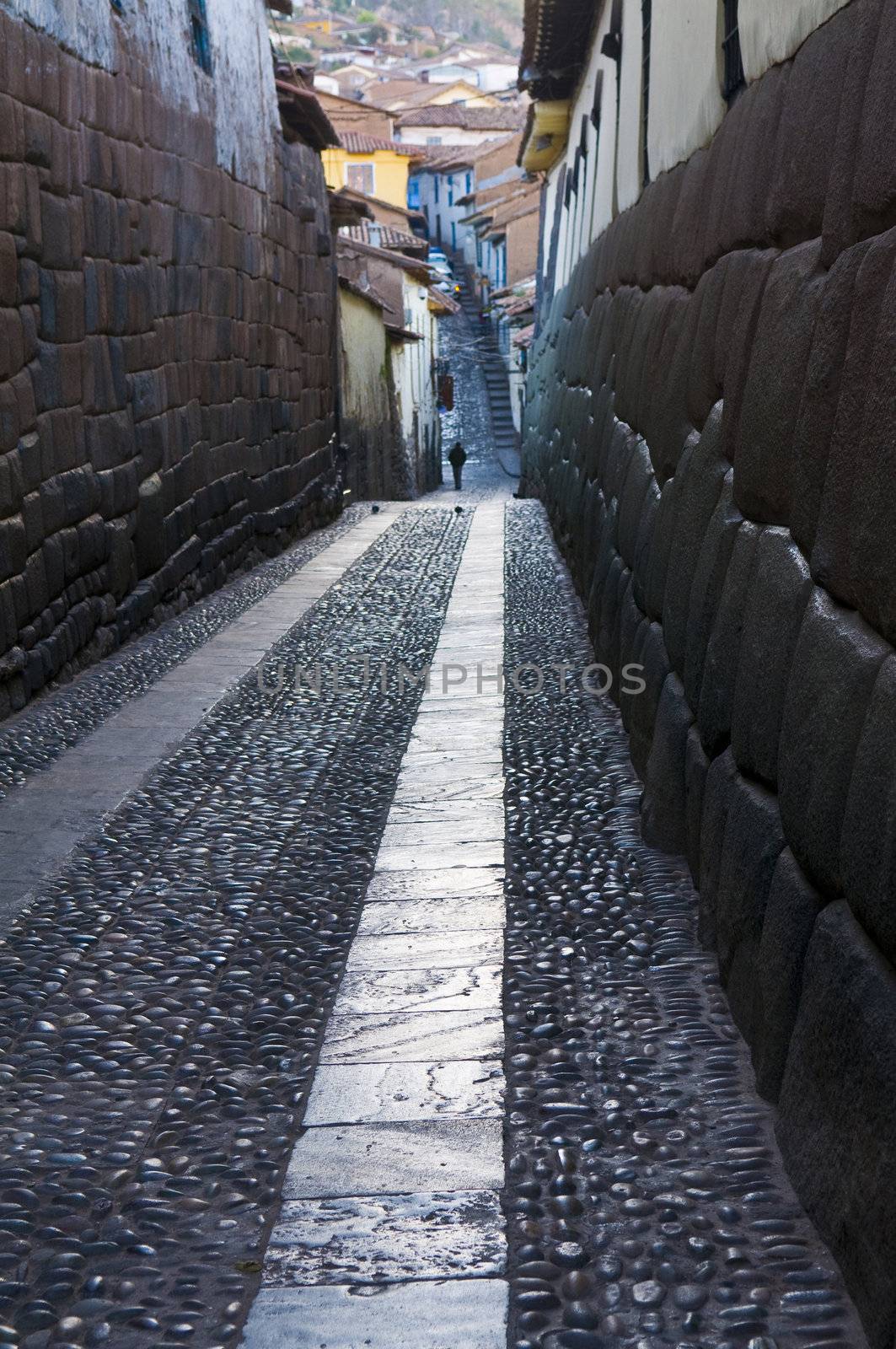 Old narrow street in the center of Cusco Peru