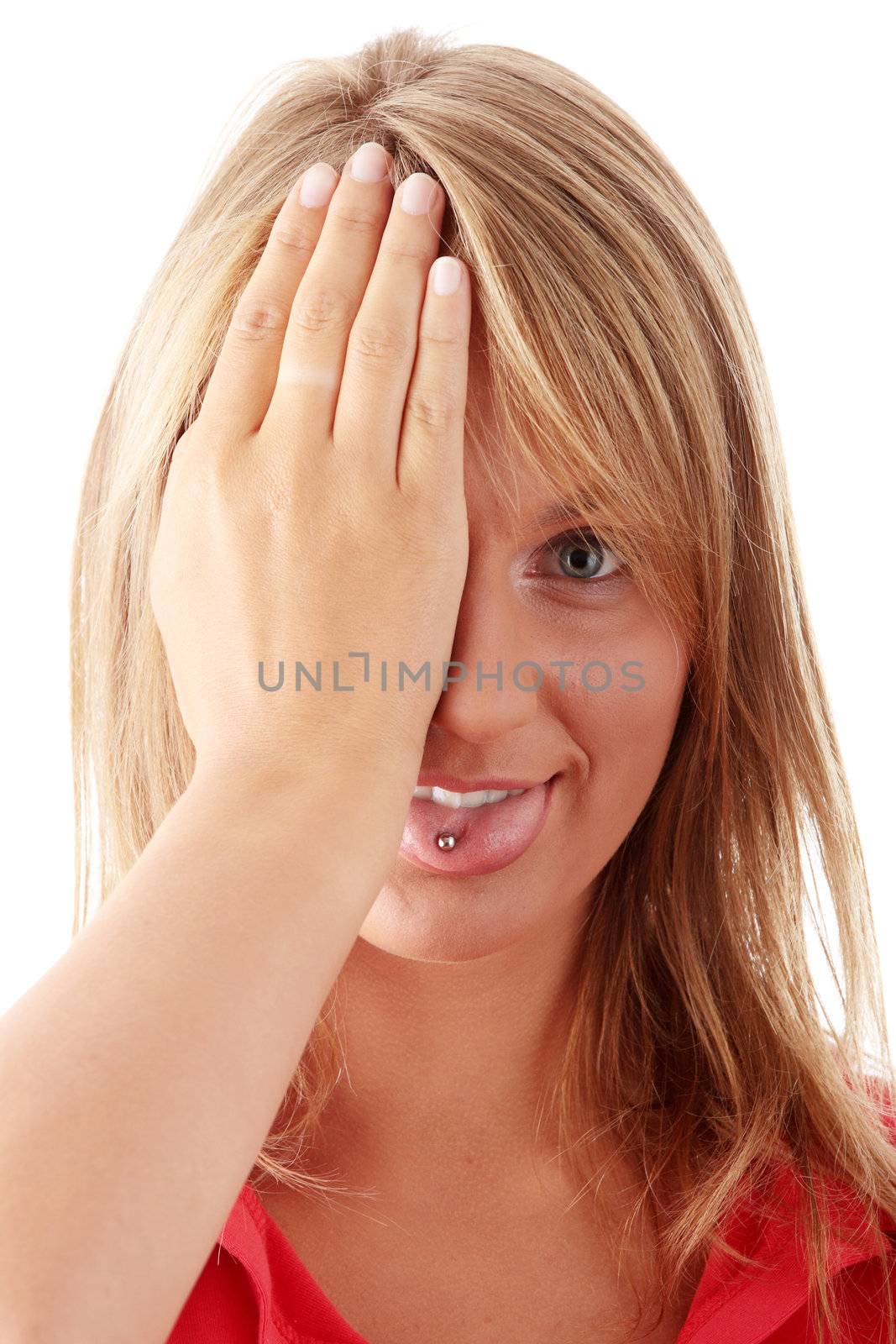 Isolate studio shot of a casually dressed young adult woman covering her eyes.
