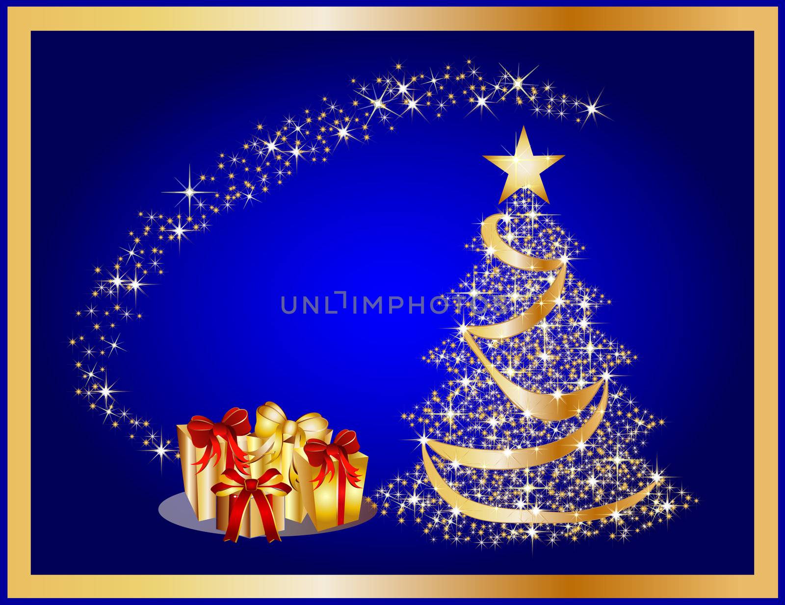 illustration of a golden christmas tree on blue background