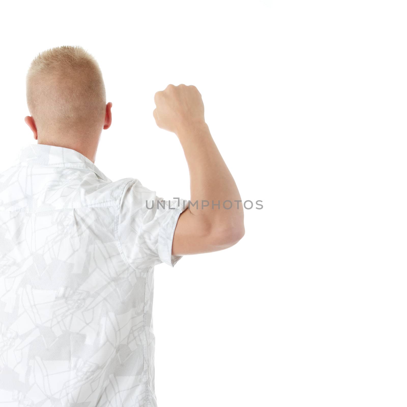 Casual caucasian blond male punching by BDS