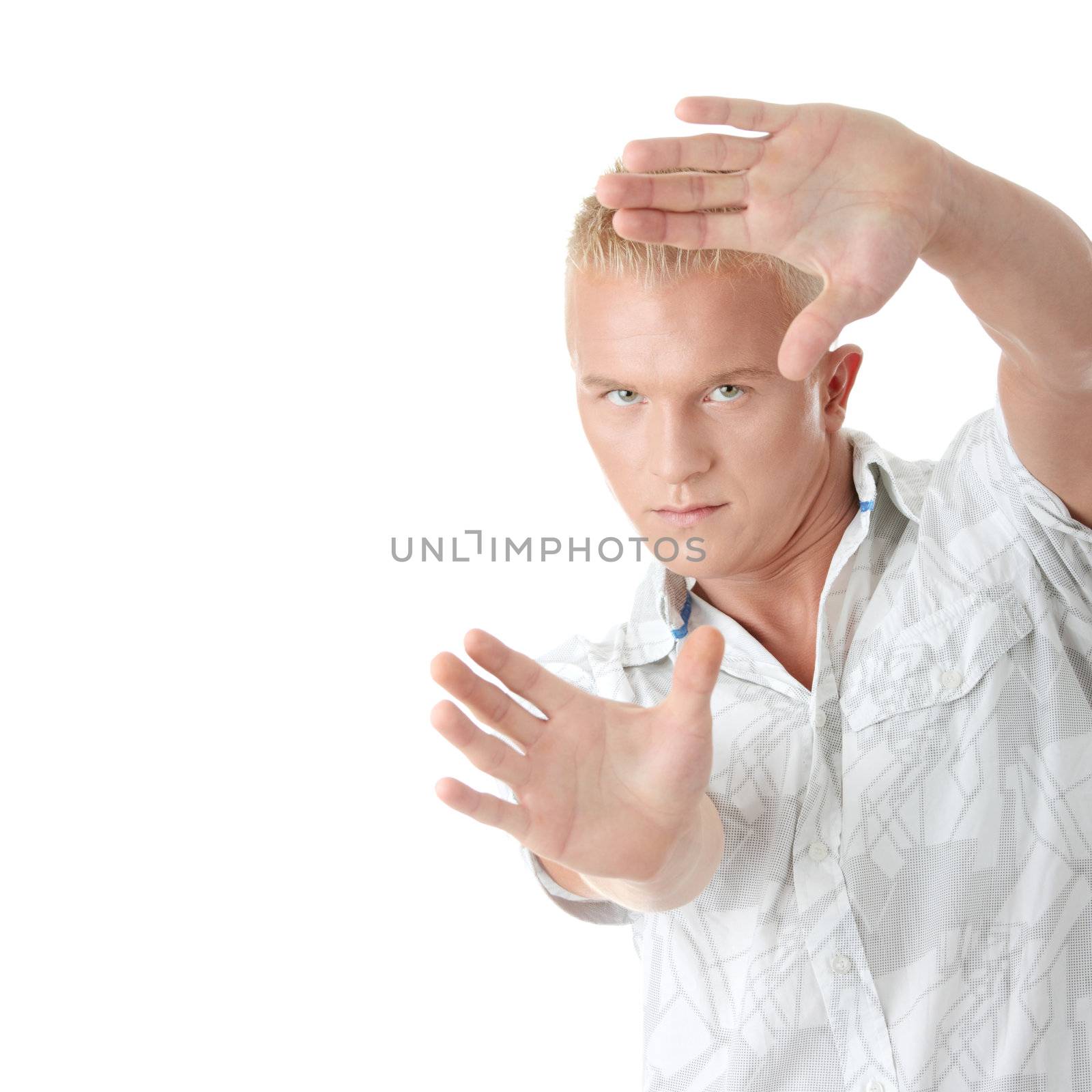 Handsome model framing his face on an isolated white background