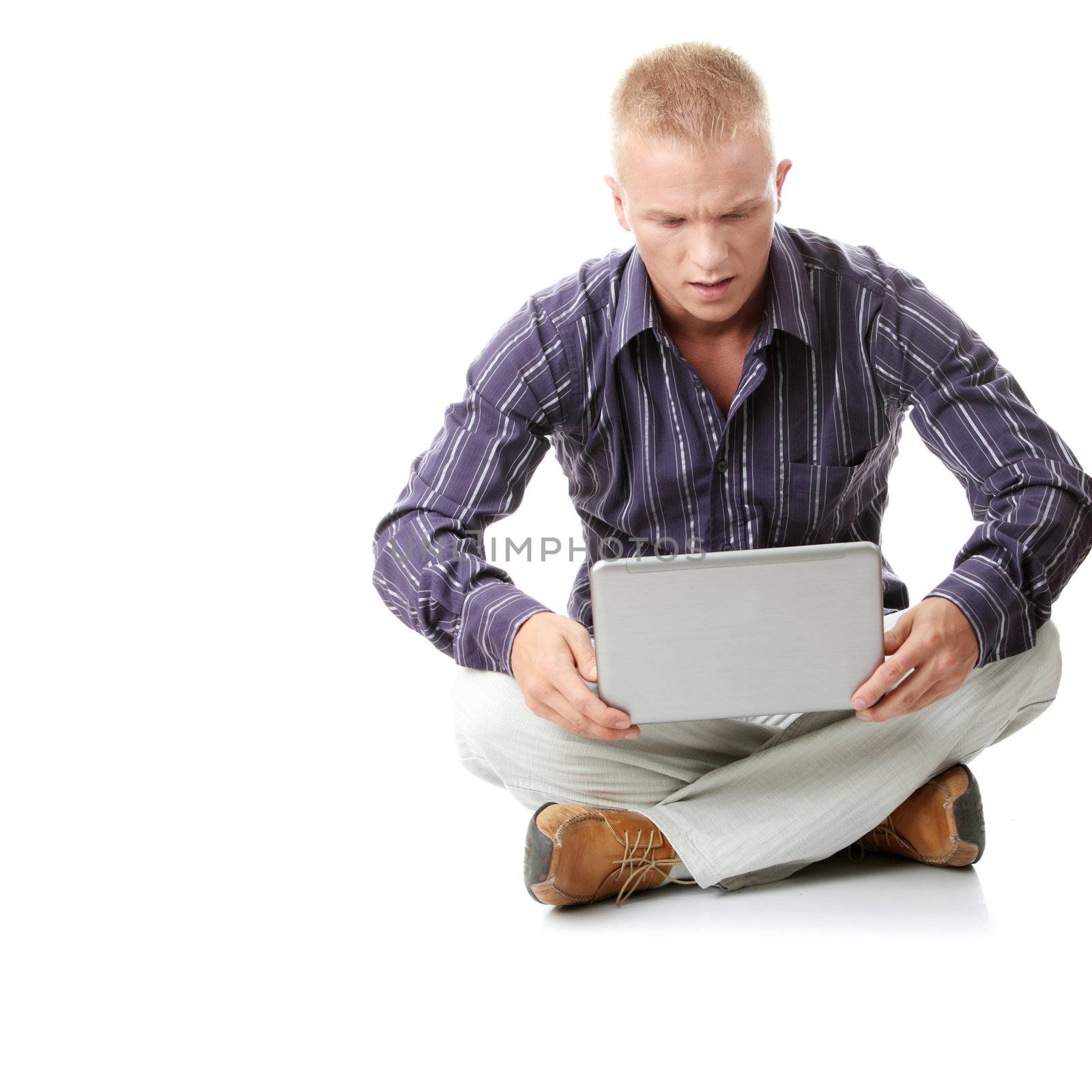 Man with laptop isolated on white background