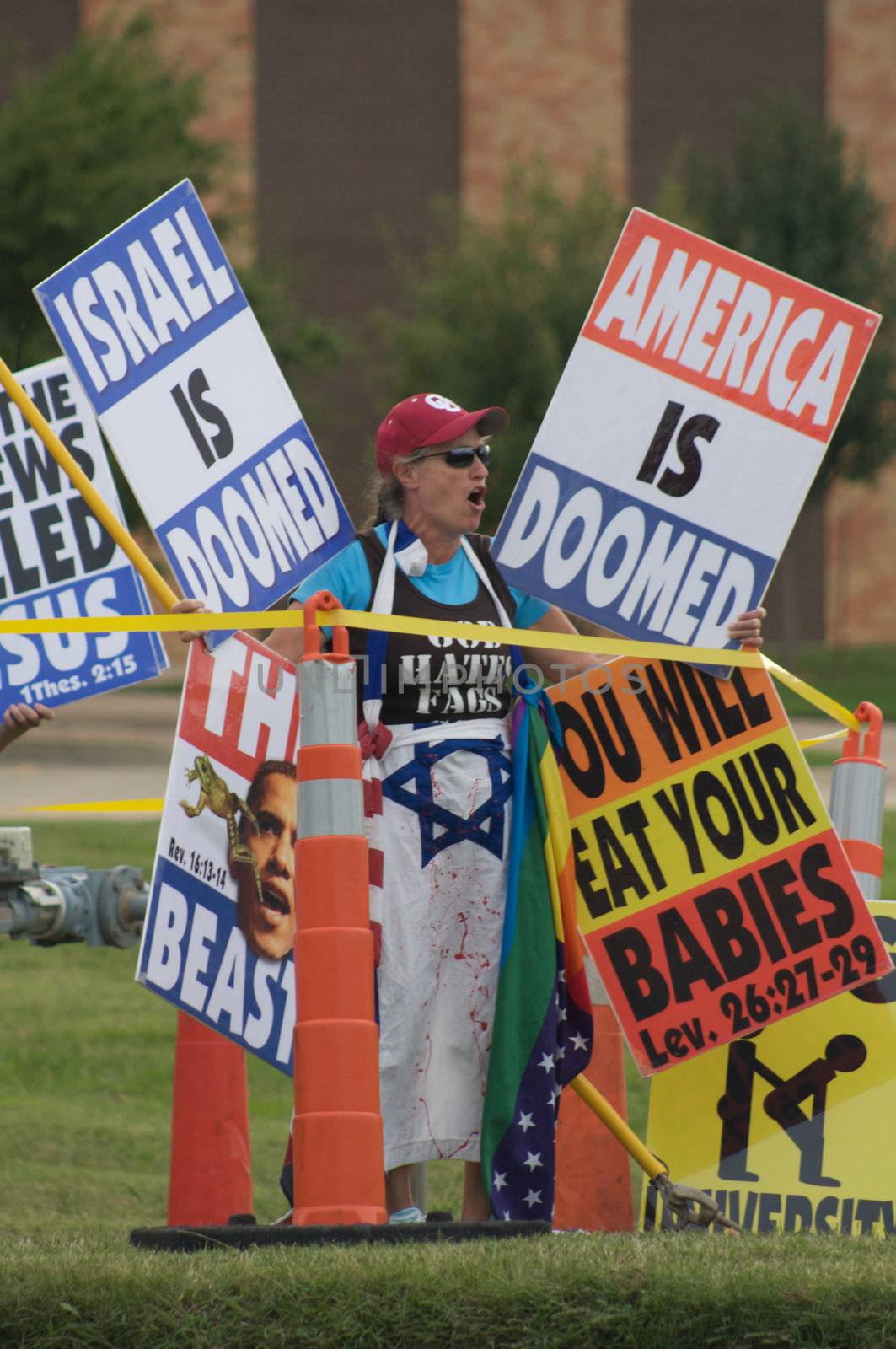 OKLAHOMA CITY, OK - SEPTEMBER 18, 2009: Members of the Westboro Baptist Church of Topeka, Kansas Demonstrate outside Temple B'nai Israel in Oklahoma City on September 18, 2009, the eve of the Jewish holiday Rosh Hashanah.