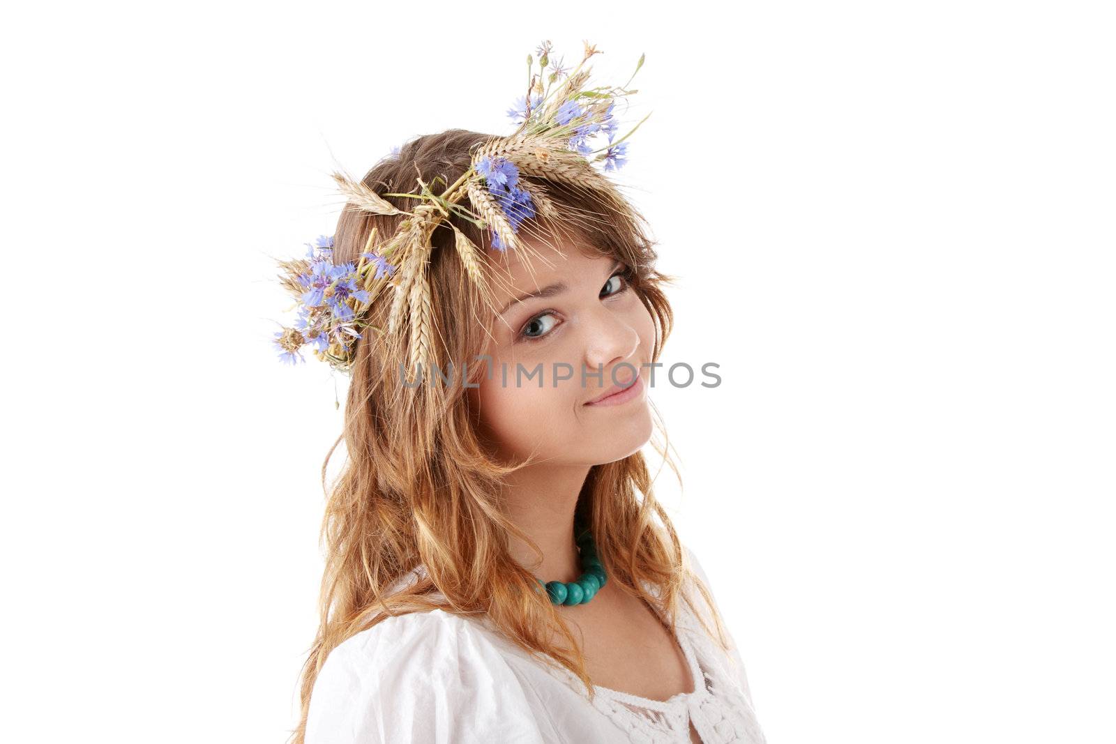 Teen girl in summer wreath isolated