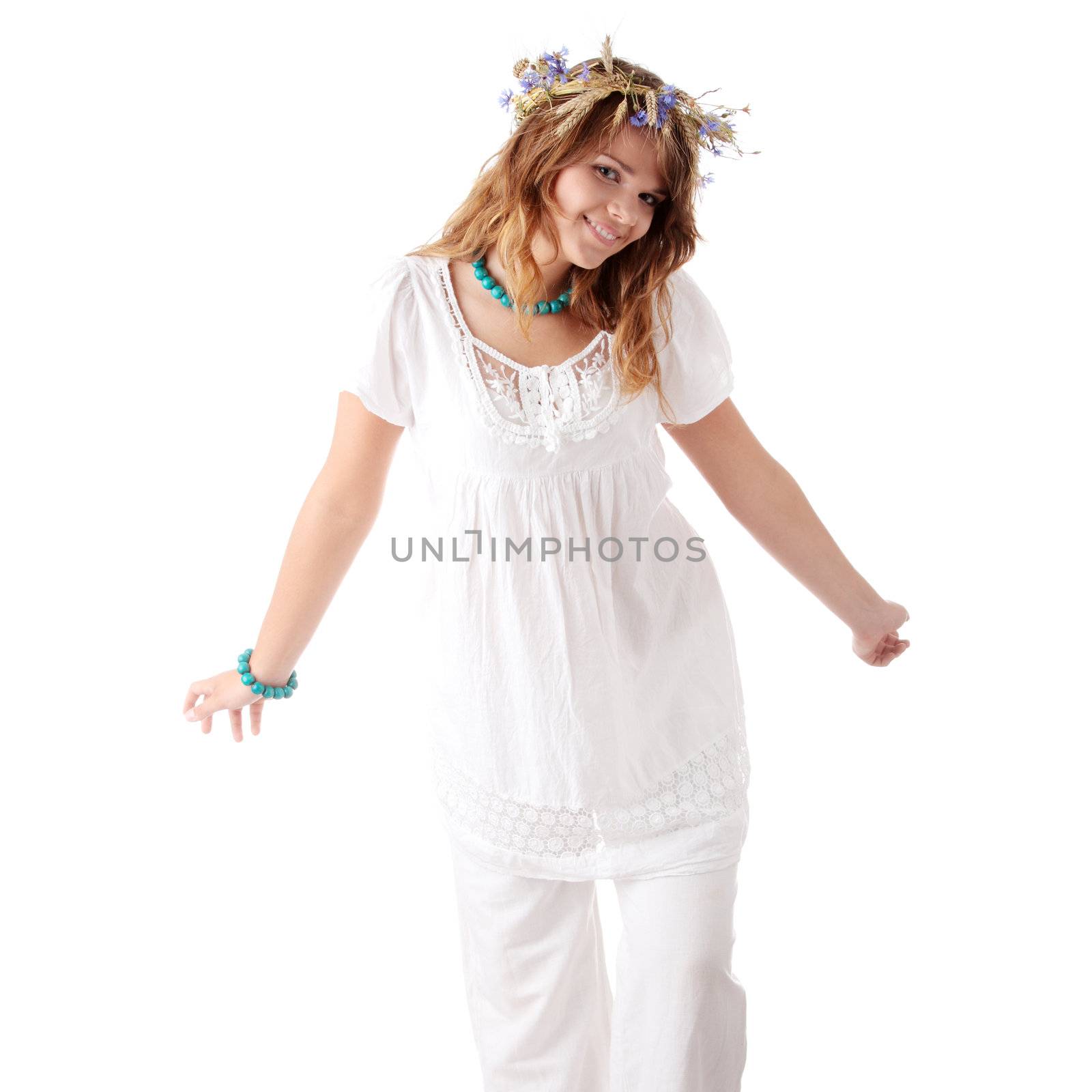 Teen girl in summer wreath isolated