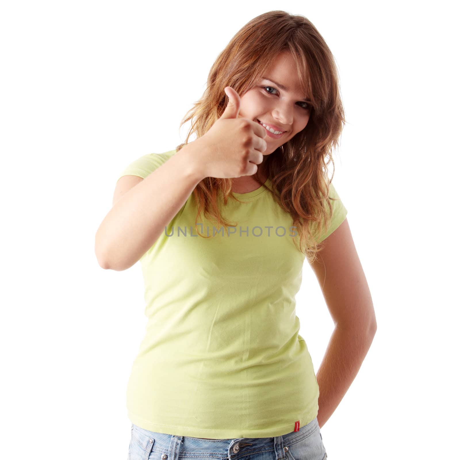 Young woman showing OK. Looking at camera and smiling. White background.