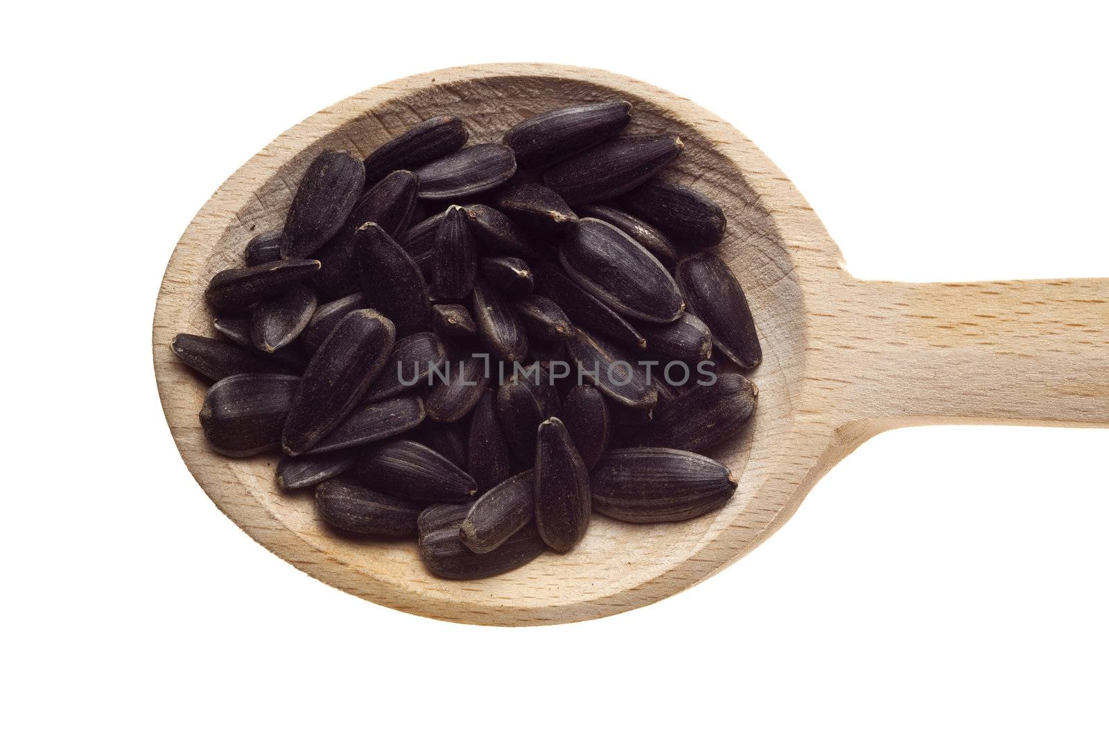 Herbs and spices on wooden spoons - sunflower
