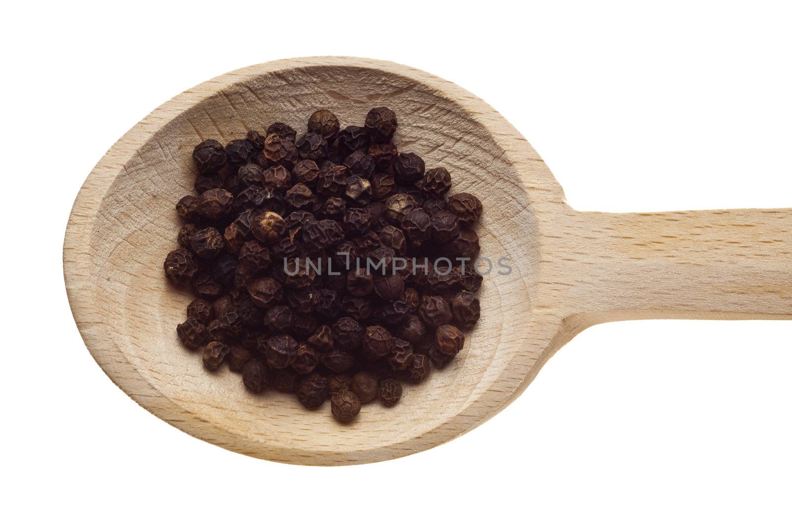 Herbs and spices on wooden spoons - pepper by adamr