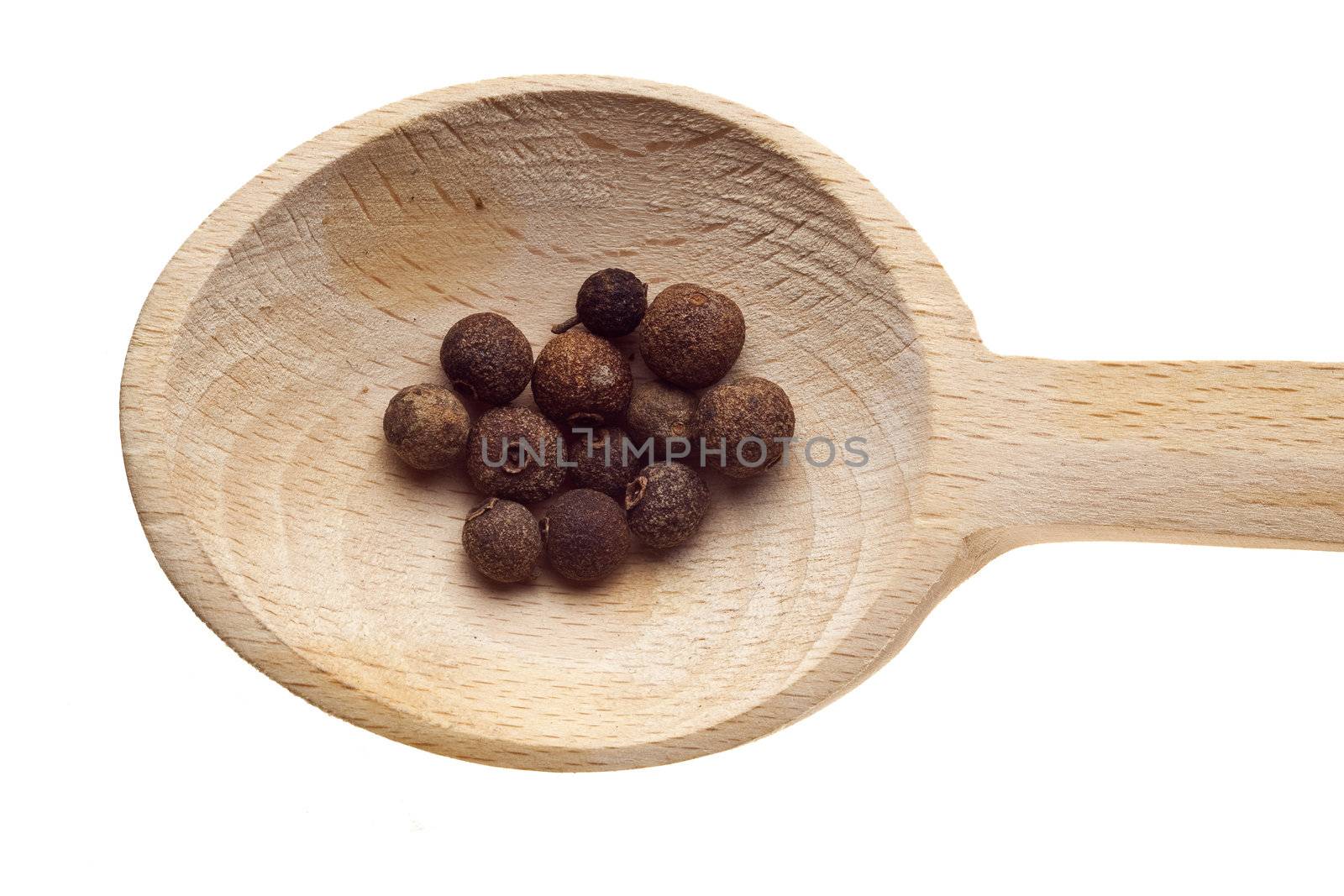 Herbs and spices on wooden spoons - pepper