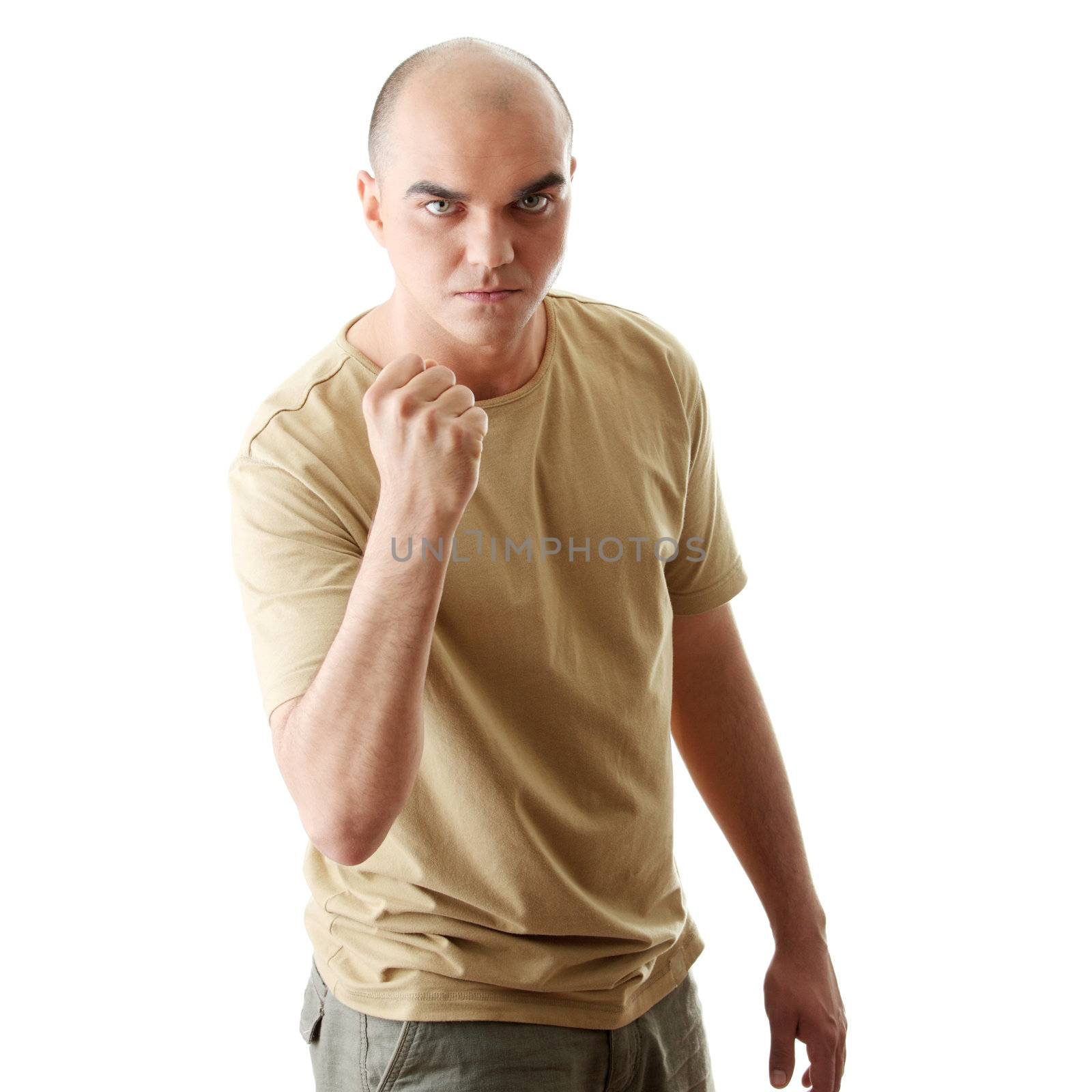 Angry man ready to fight isolated on white background