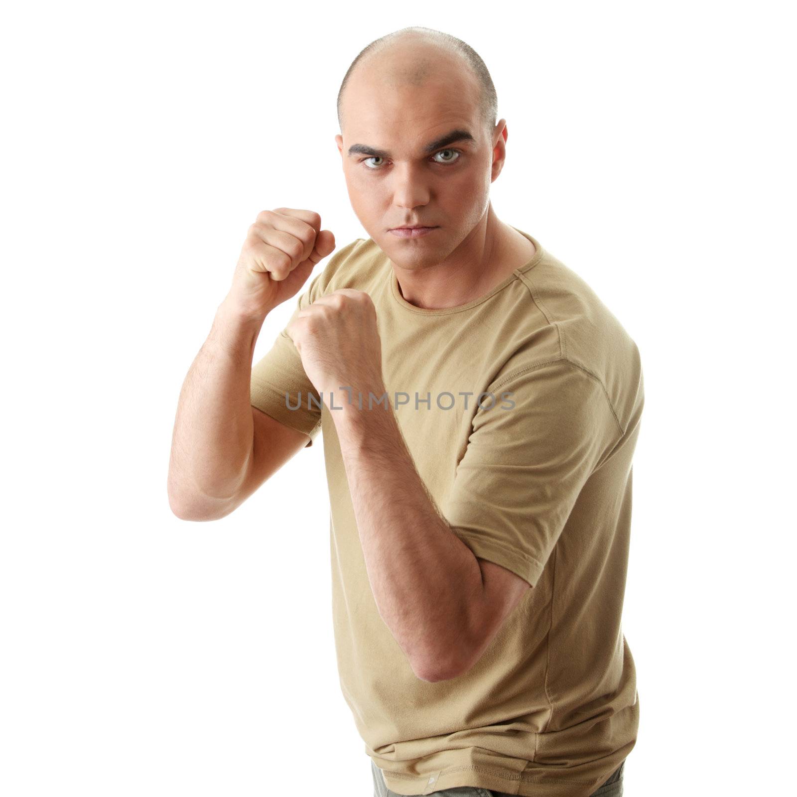 Angry man ready to fight isolated on white background