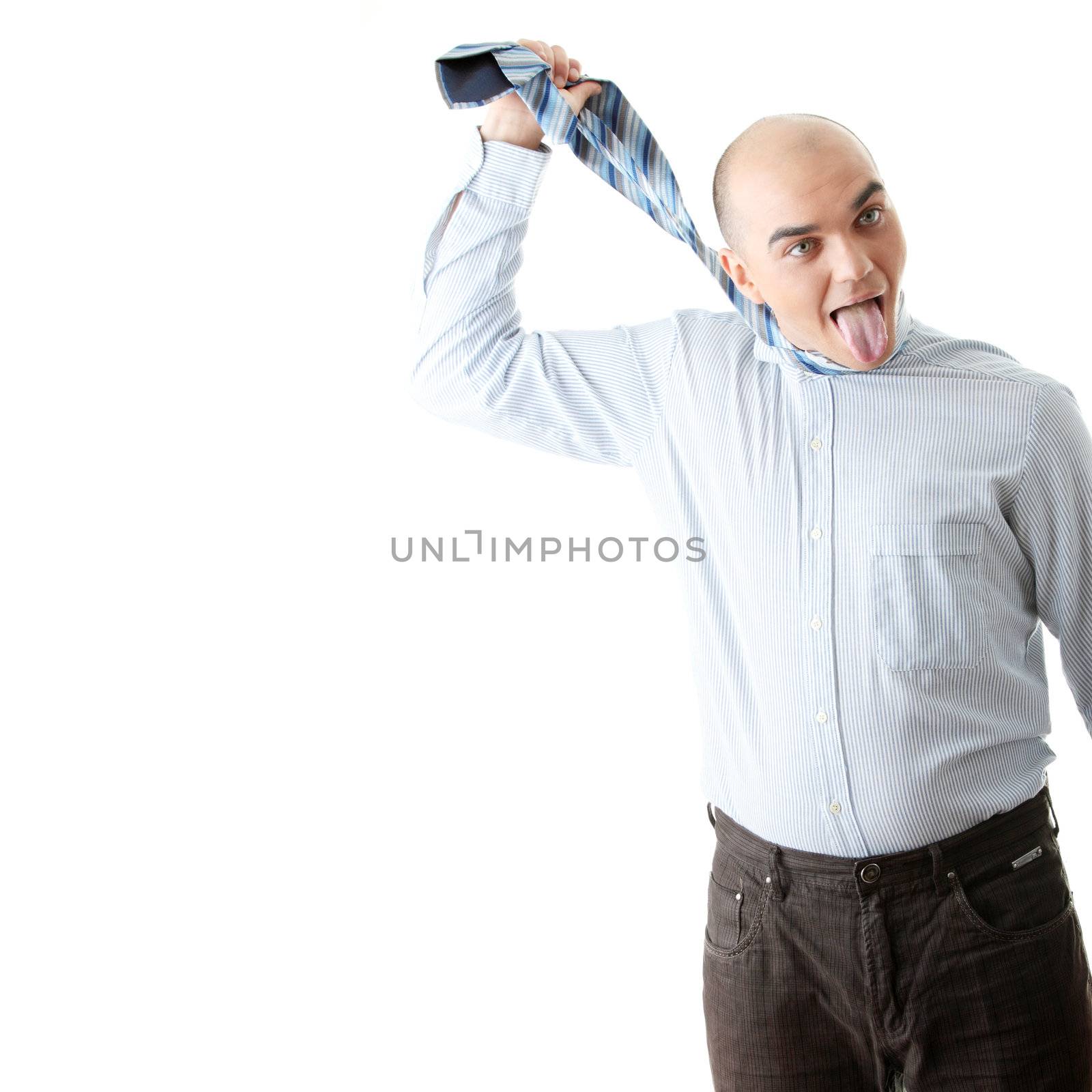 Young man hanging himself on a tie on white background