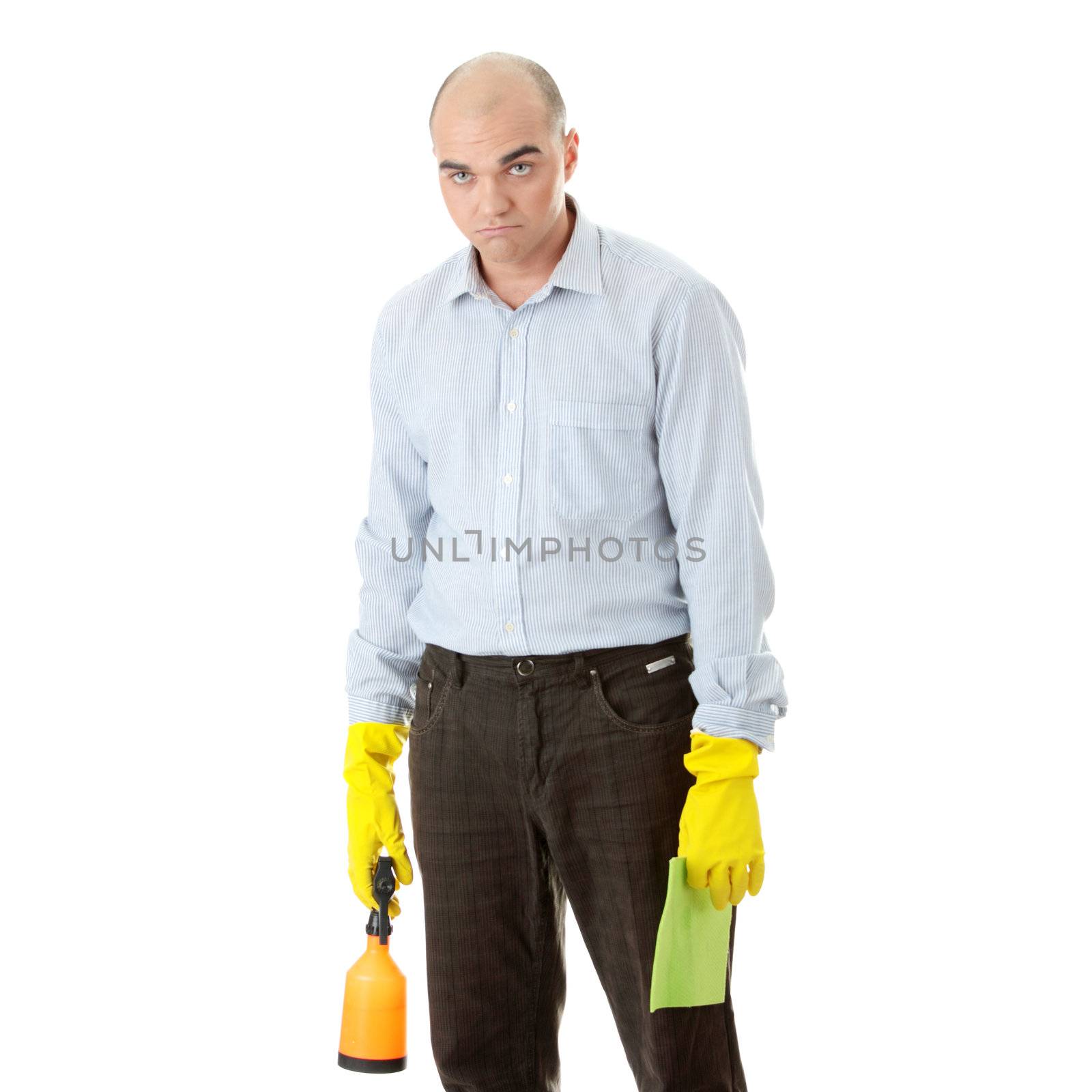 Businessman holding a cleaning accessories (isolated on white)