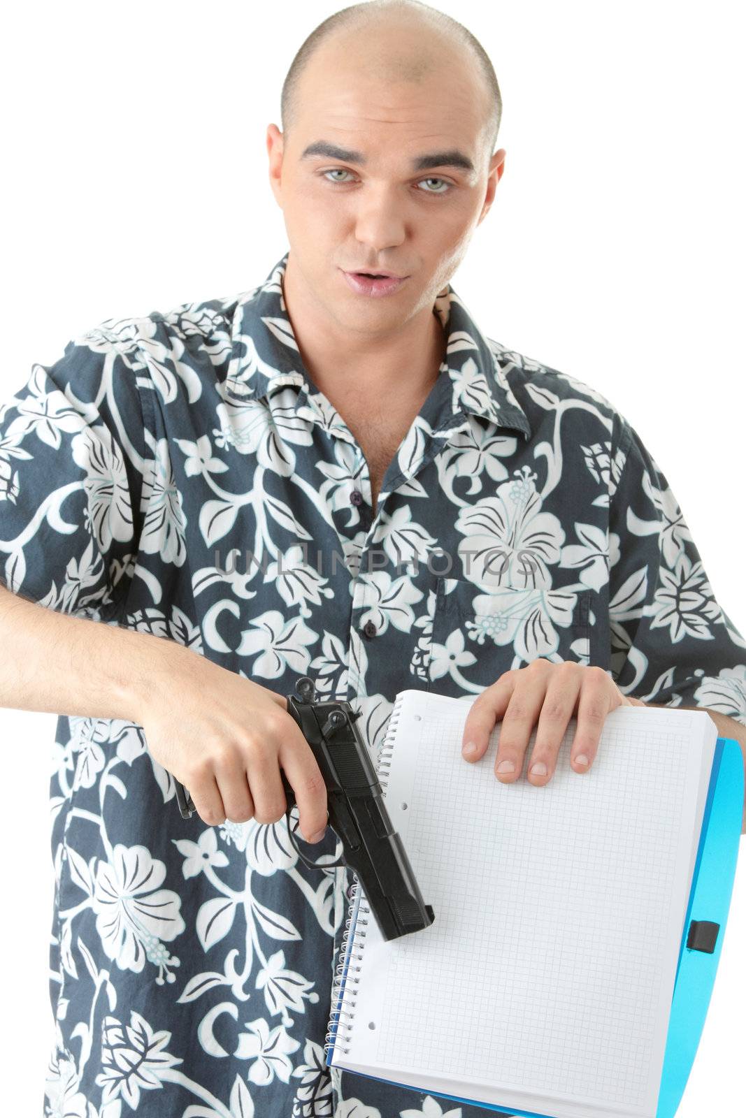 Man with gun trying to make someone to sign papers