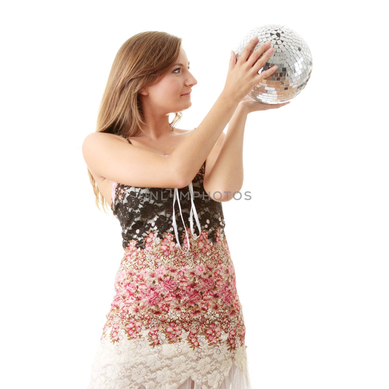 Young blond women with disco ball isolated on white