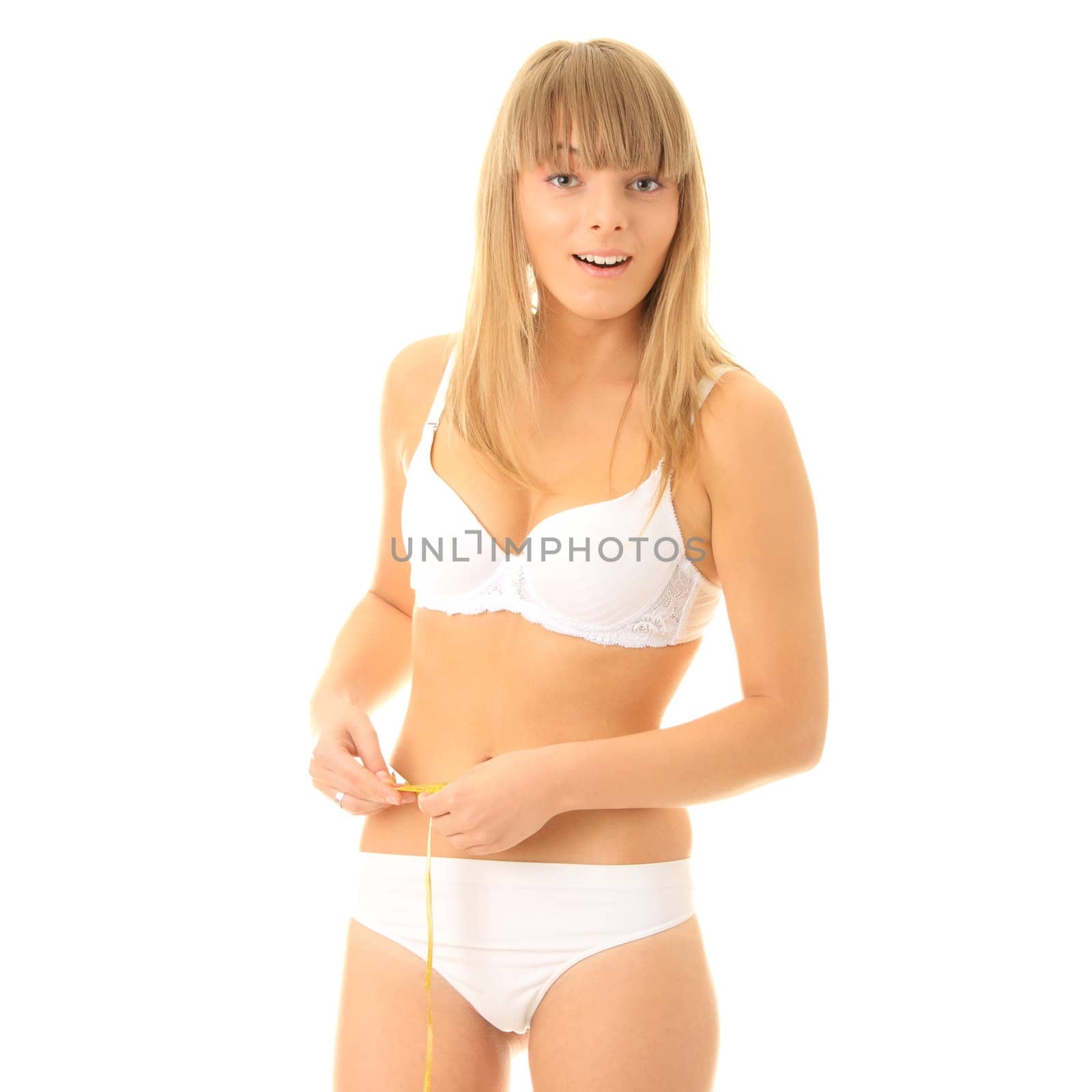 Beautiful girl with meter isolated on white backgrund