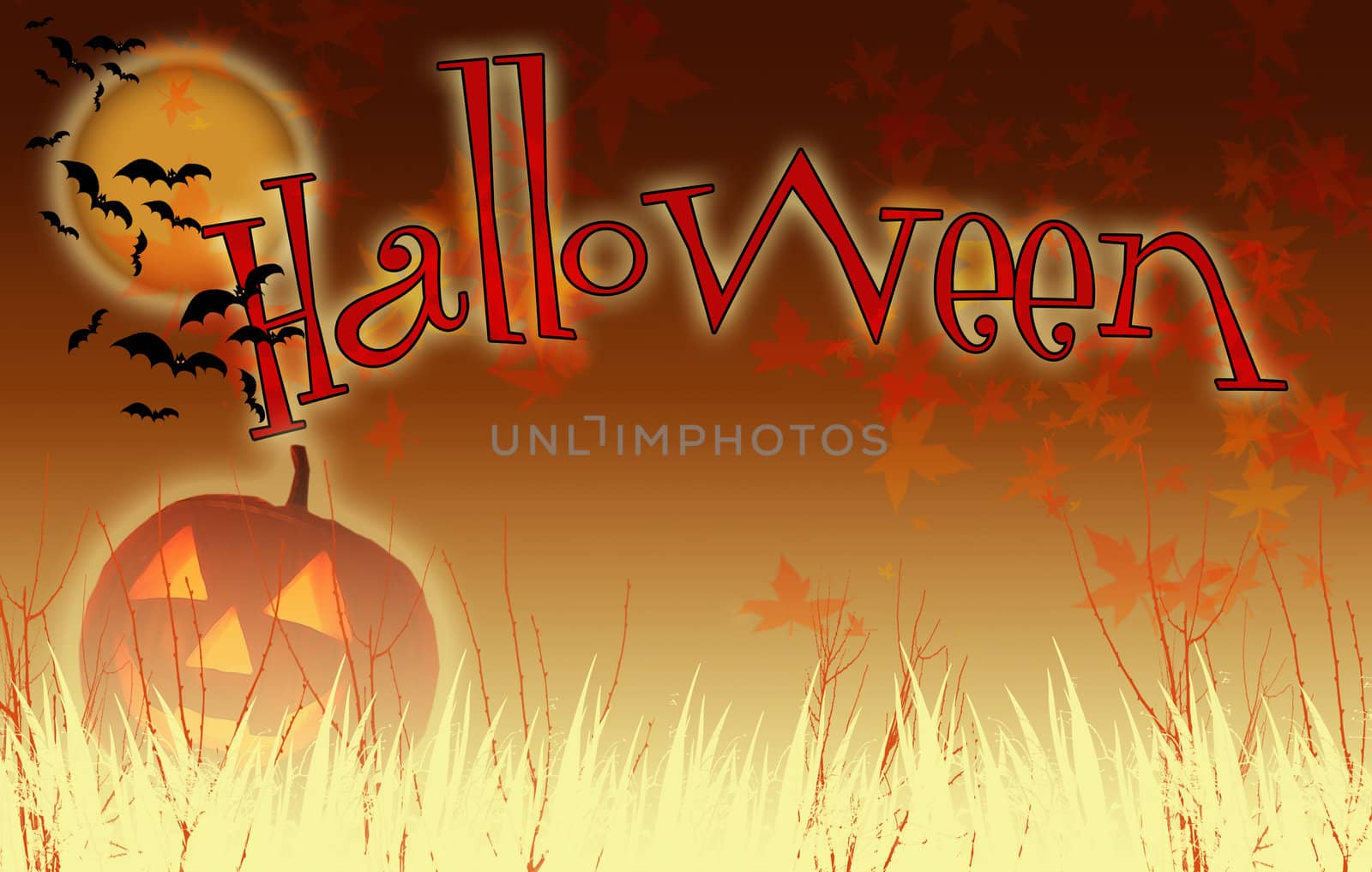 Landscape format illustrative image of a halloween scene. A carved pumpkin set behind light foliage with flying bats, autumn leaves and a moon. 
