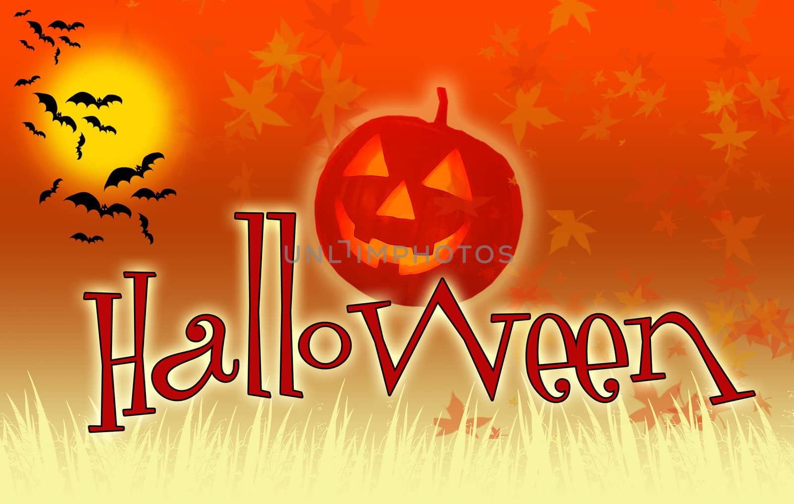 Landscape format illustrative image of a halloween scene. A carved pumpkin with flying bats, autumn leaves and a moon. 